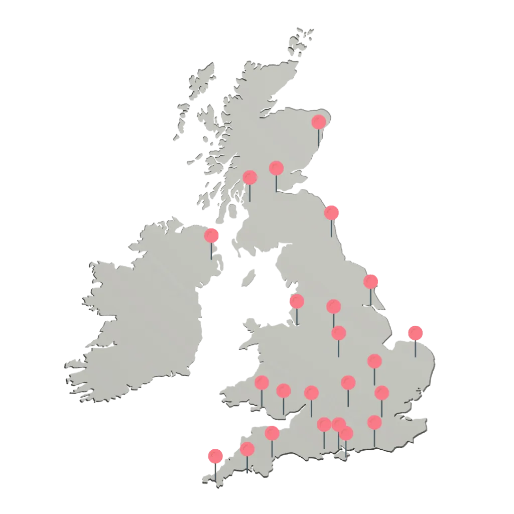 Map of the UK and Ireland highlighted with multiple red location markers.