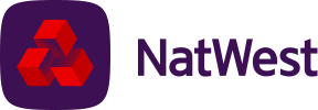 NatWest logo with three red interlocking cubes and purple text.