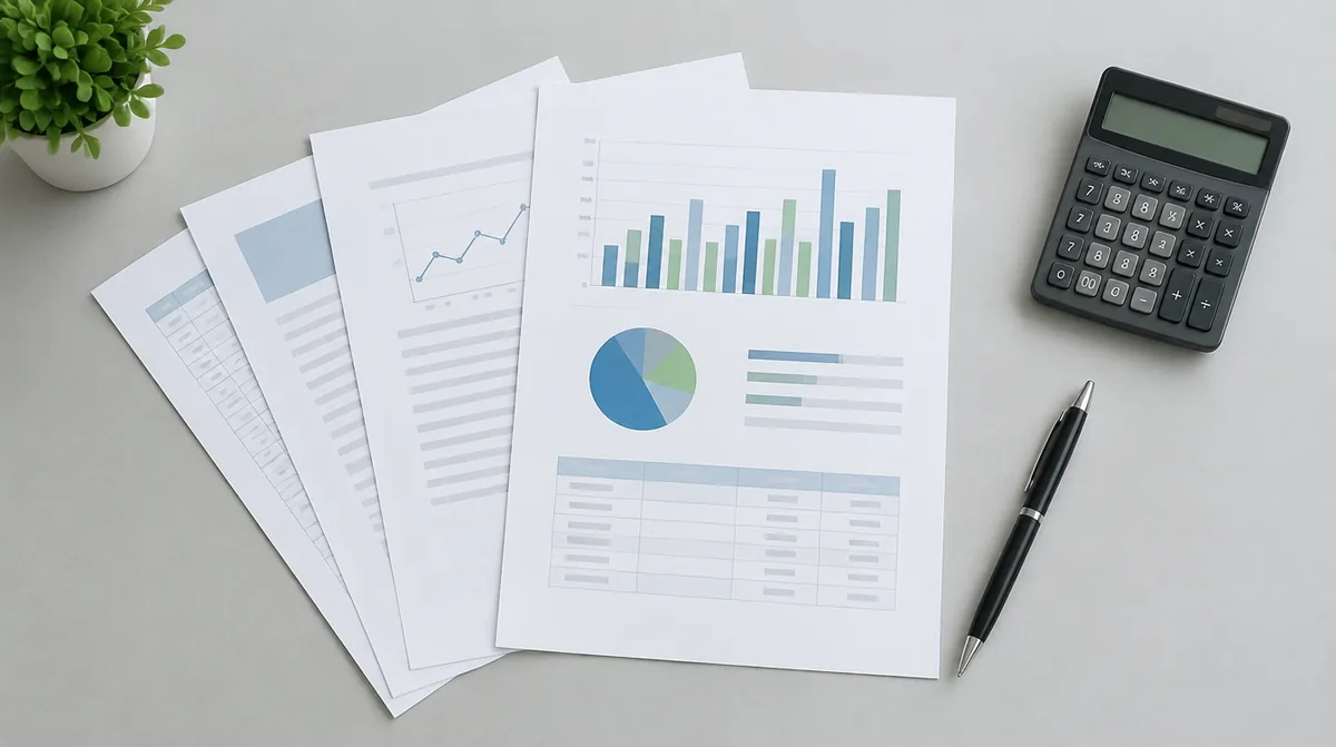 Printed mortgage documents fanned out on a desk beside a calculator and a pen