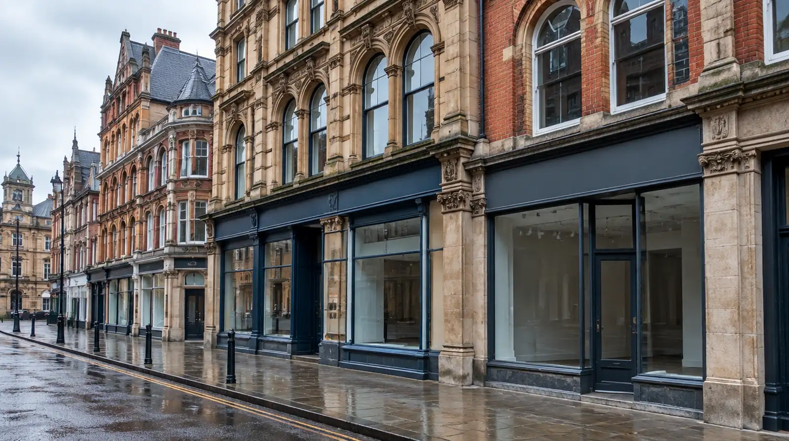 British high street lined with Victorian stone bank and commercial buildings