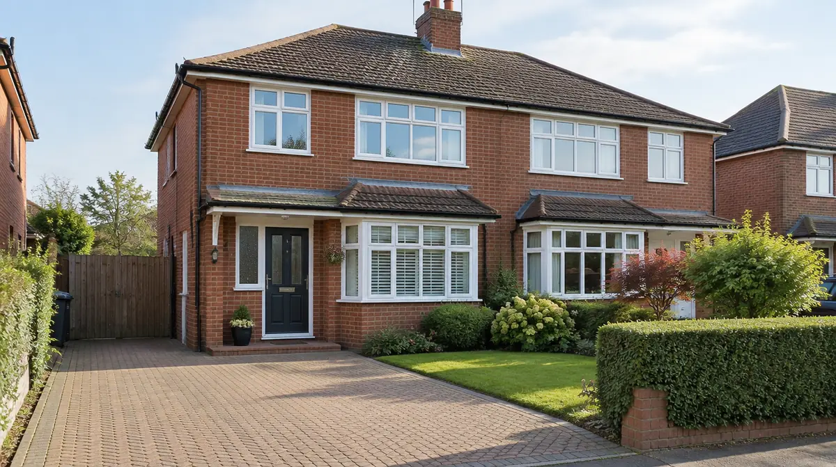 Red brick British semi detached family home with a driveway and neat front garden