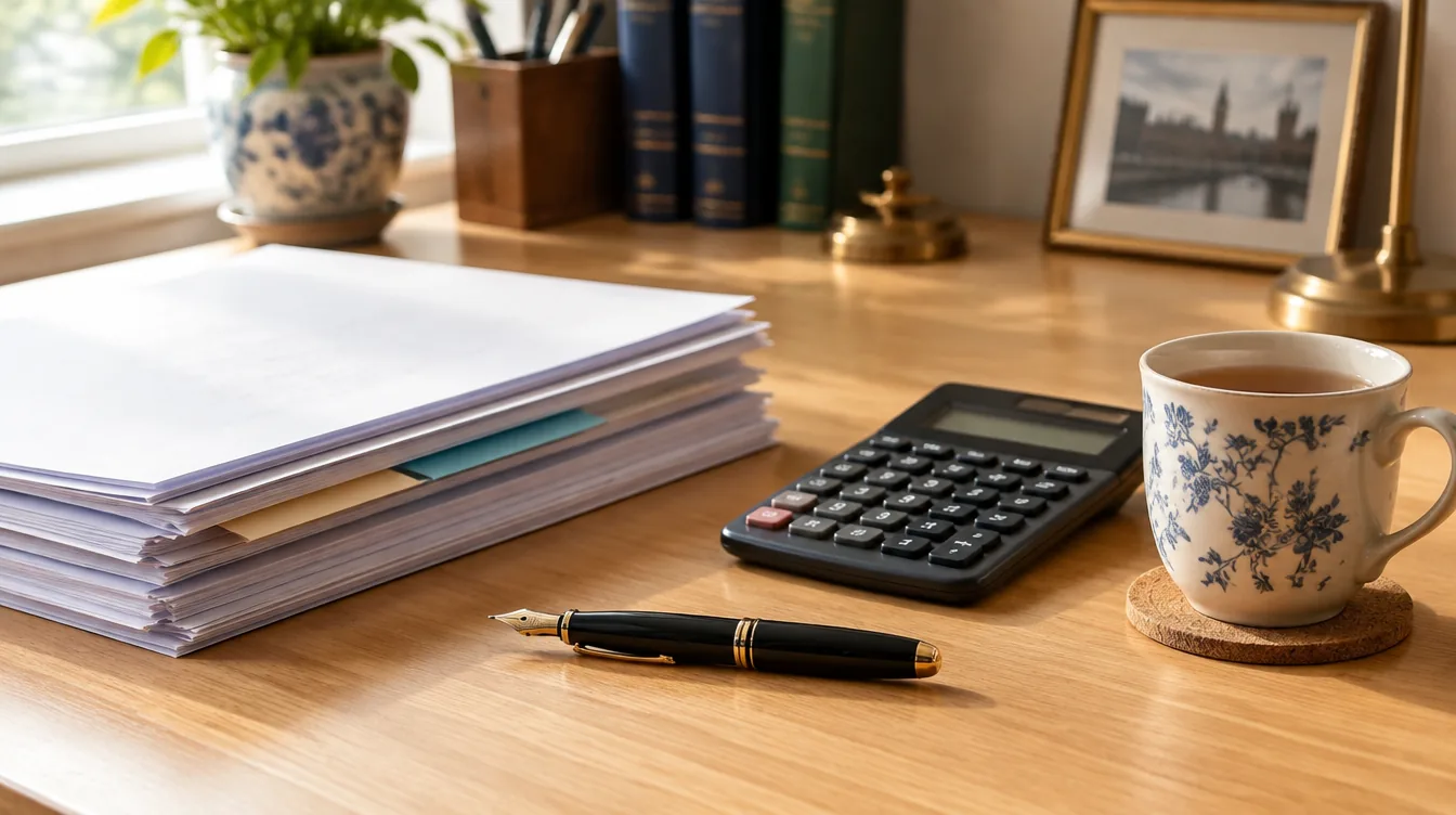Stack of printed mortgage documents beside a calculator and a pen on a light wooden desk