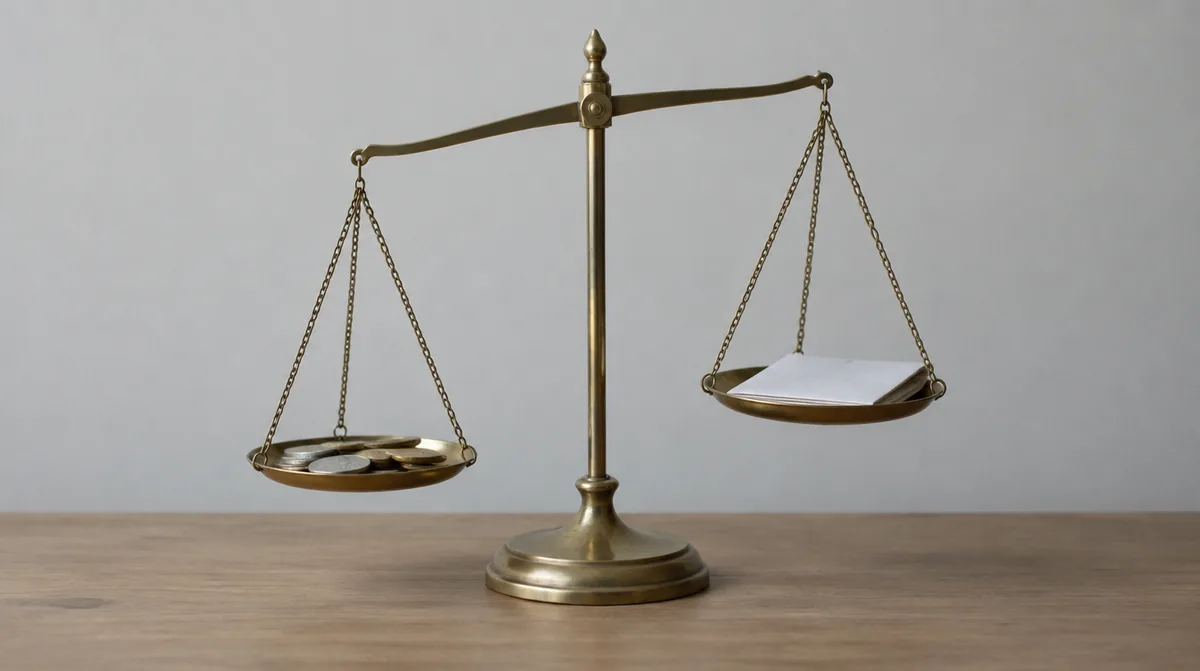 Brass balance scale weighing coins against a folded paper document on a plain desk