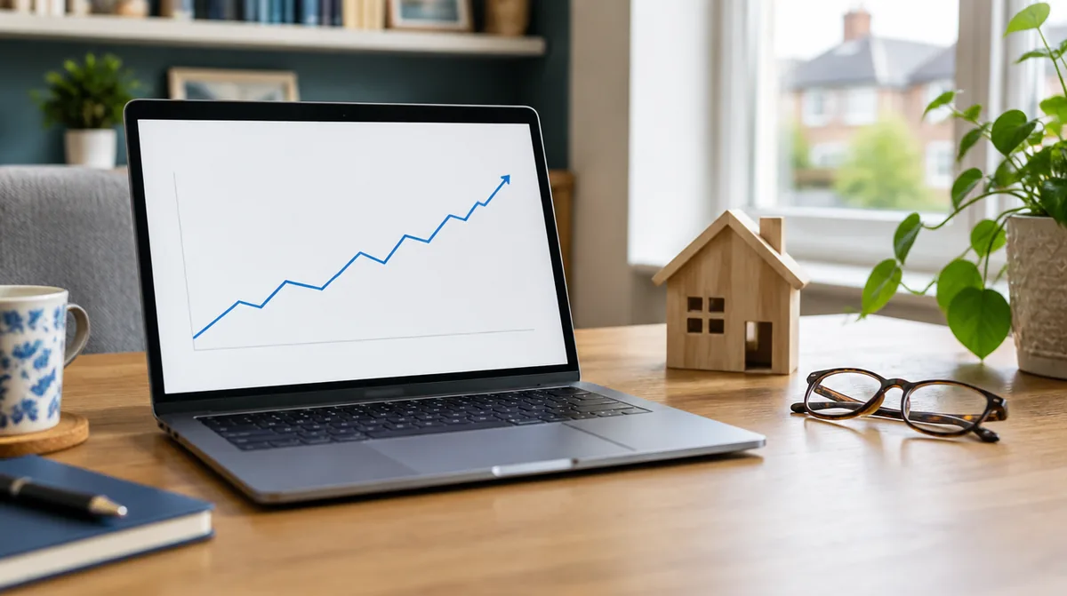 Laptop showing a rising line chart beside a small wooden model house and reading glasses