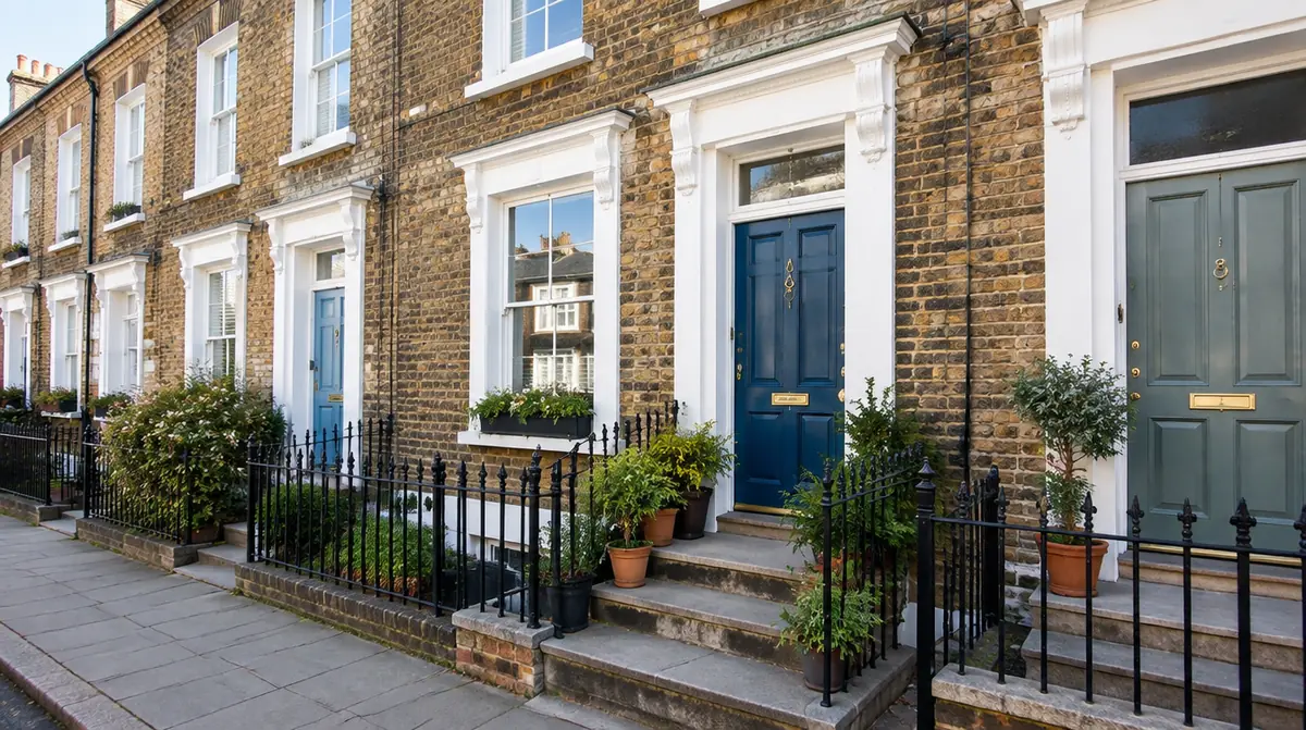 Terrace of British Victorian brick townhouses with painted front doors and iron railings
