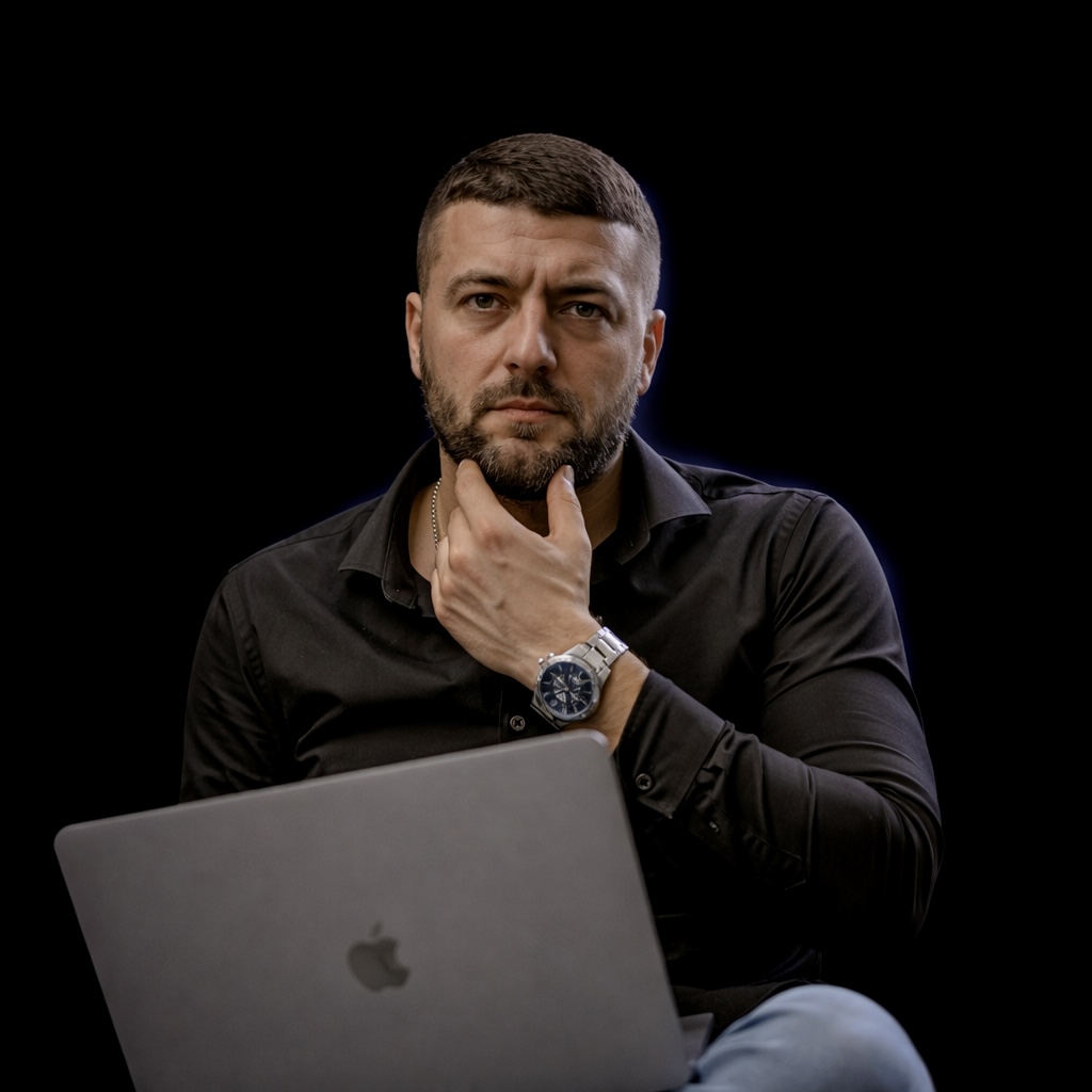 Man with beard wearing a black shirt, holding his chin thoughtfully in front of a laptop with an Apple logo, against a black background.
