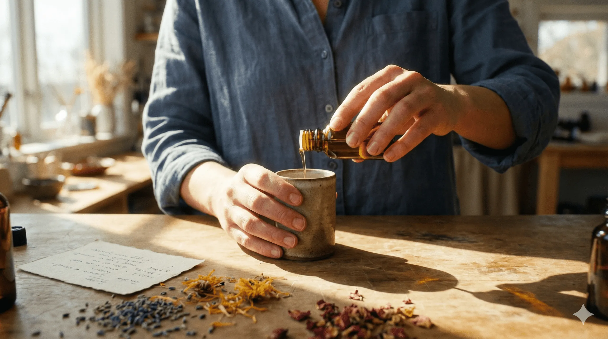 Person pouring liquid from a small amber bottle into a ceramic cup on a wooden table with dried herbs and a handwritten note.