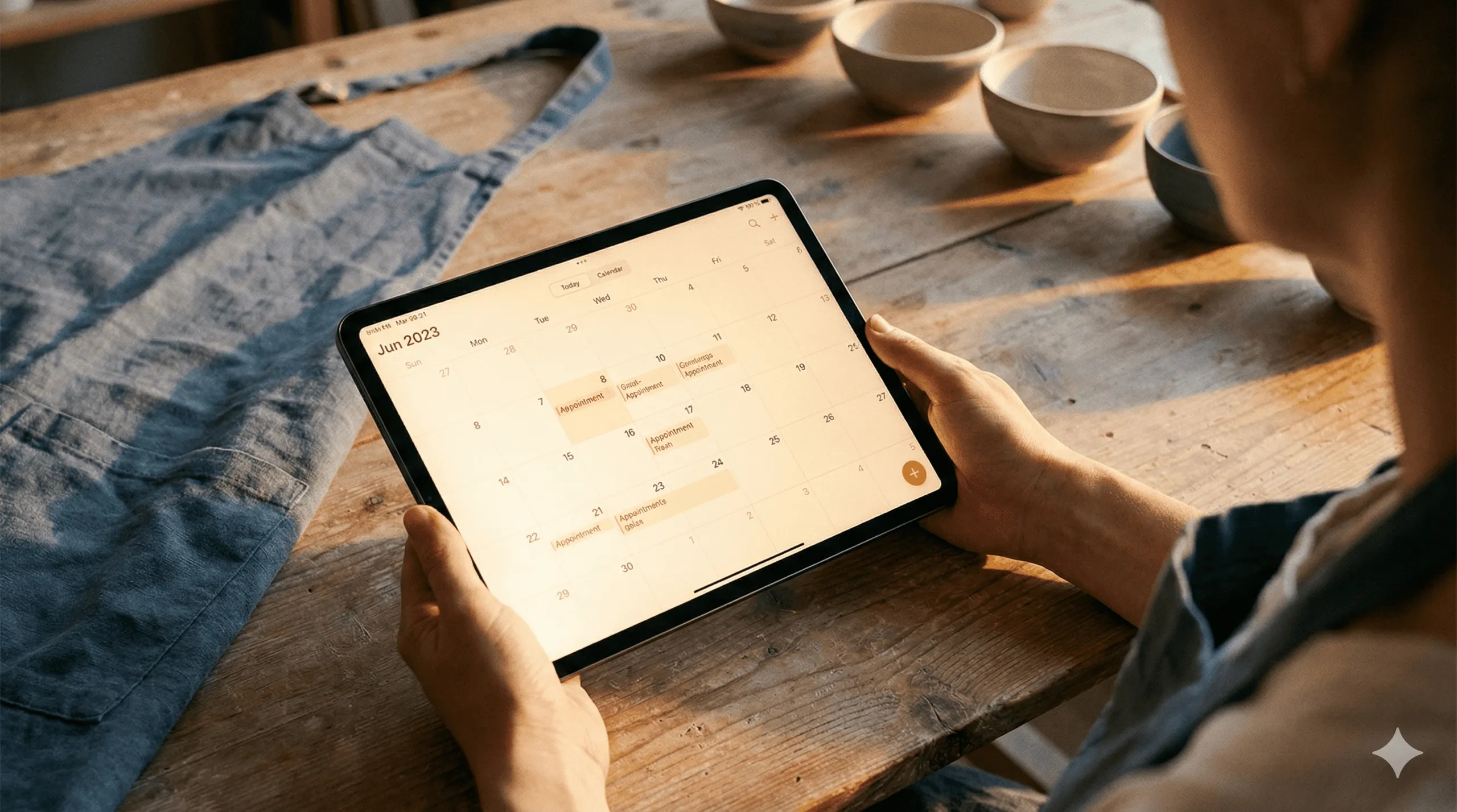 Person holding a tablet displaying a June 2023 calendar with several appointments scheduled.