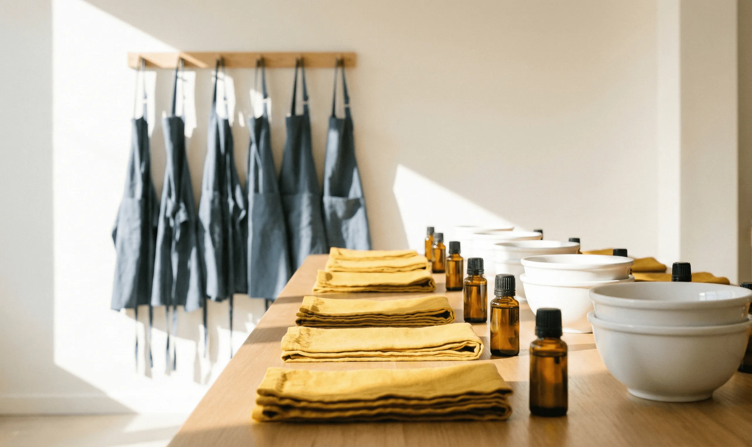 Wooden table with neatly folded yellow cloths, small amber glass bottles, and white ceramic bowls, with dark aprons hanging on a wall in the background.