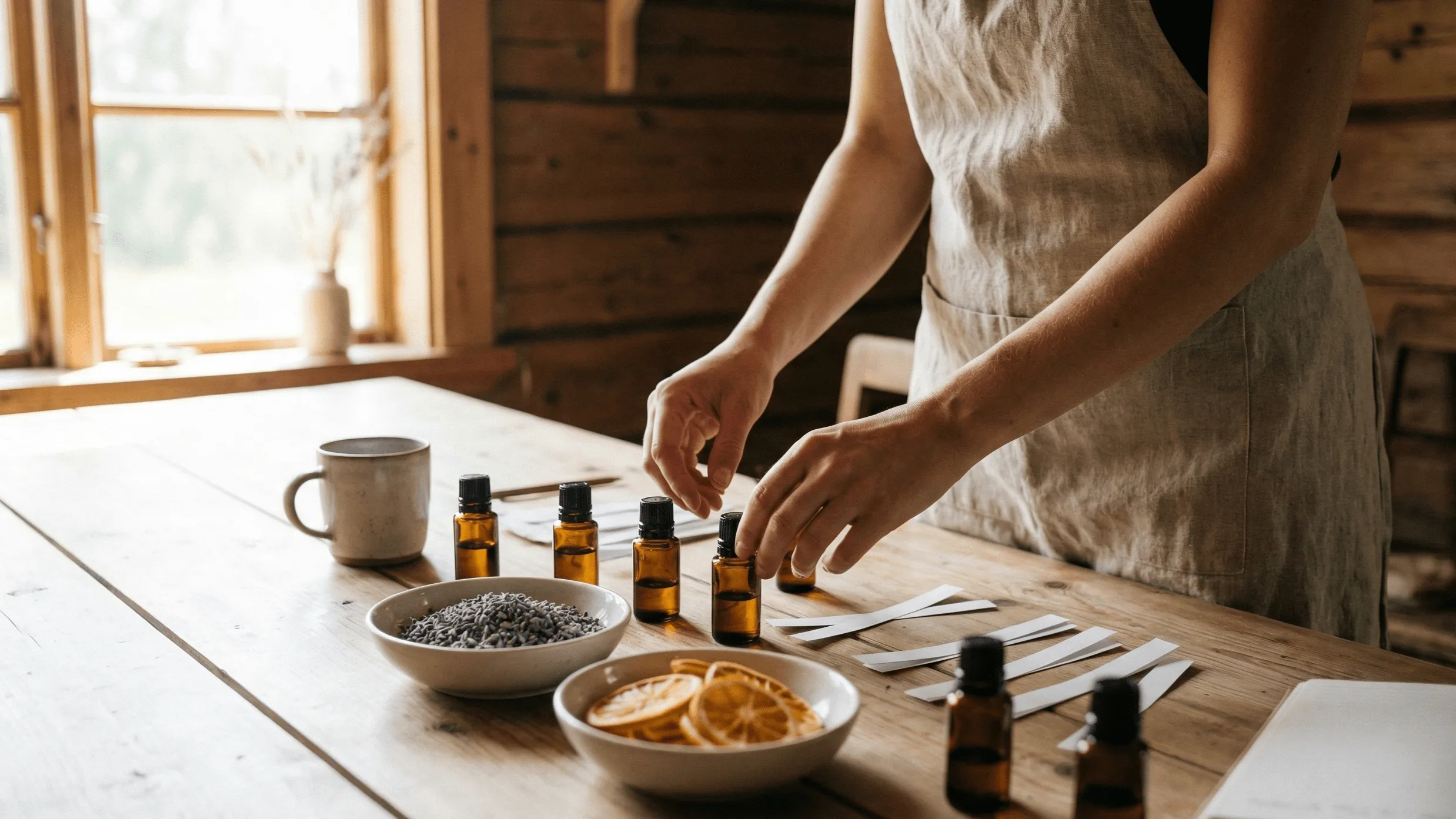 Person arranging small amber glass bottles on a wooden table with bowls of dried lavender and sliced citrus.