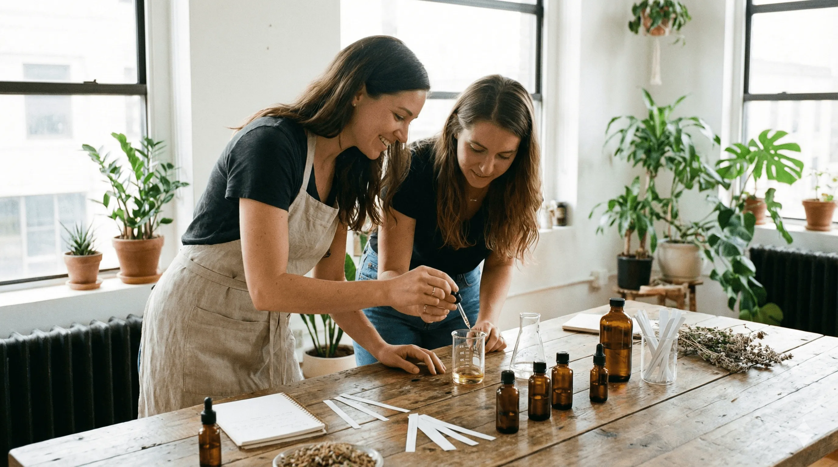 Two women in a sunlit room making herbal or essential oil blends using droppers and brown glass bottles on a wooden table with plants in the background.
