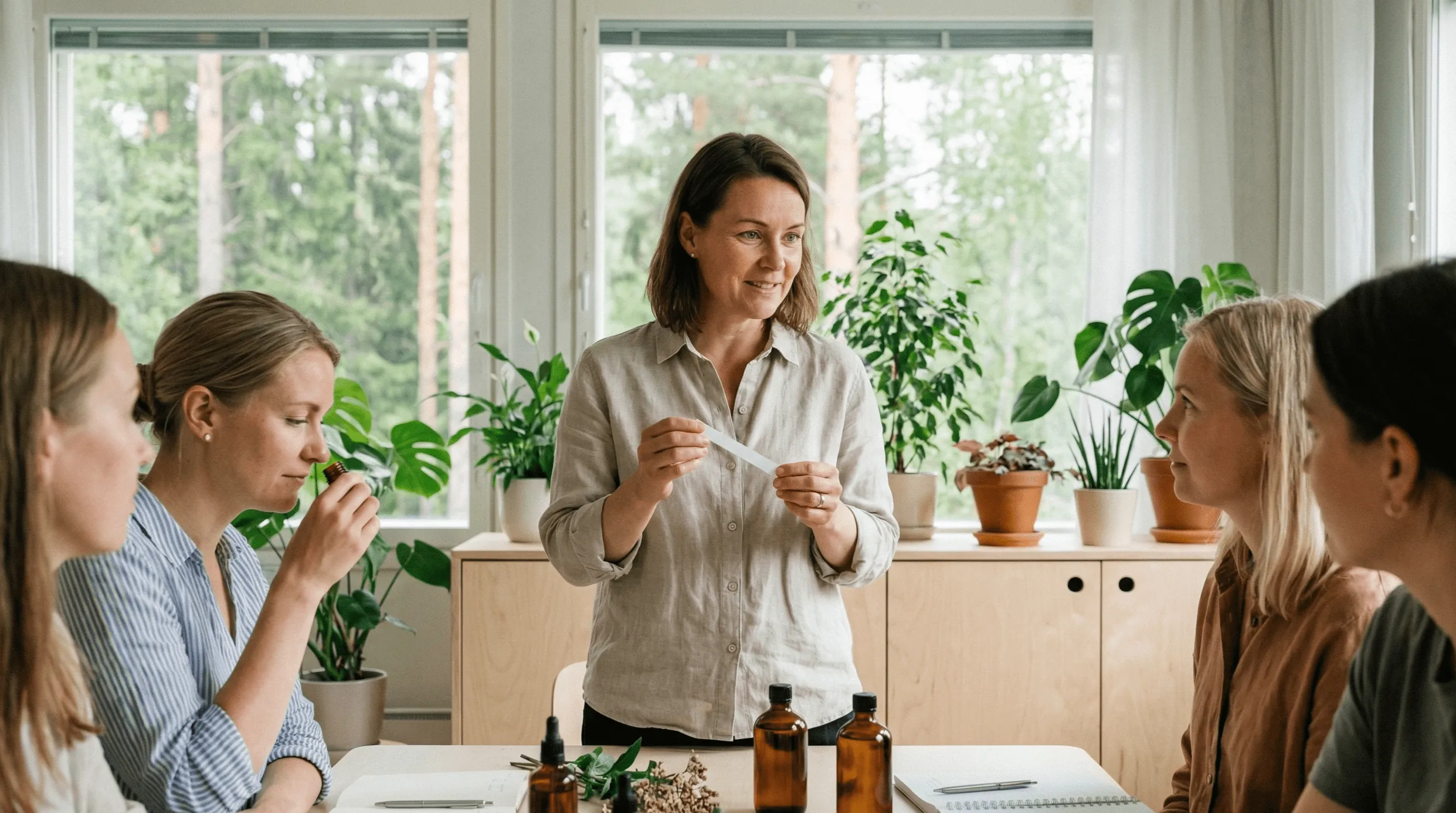 Woman standing and holding a scent strip while three women sit around a table with amber bottles and notebooks in a bright room with plants.
