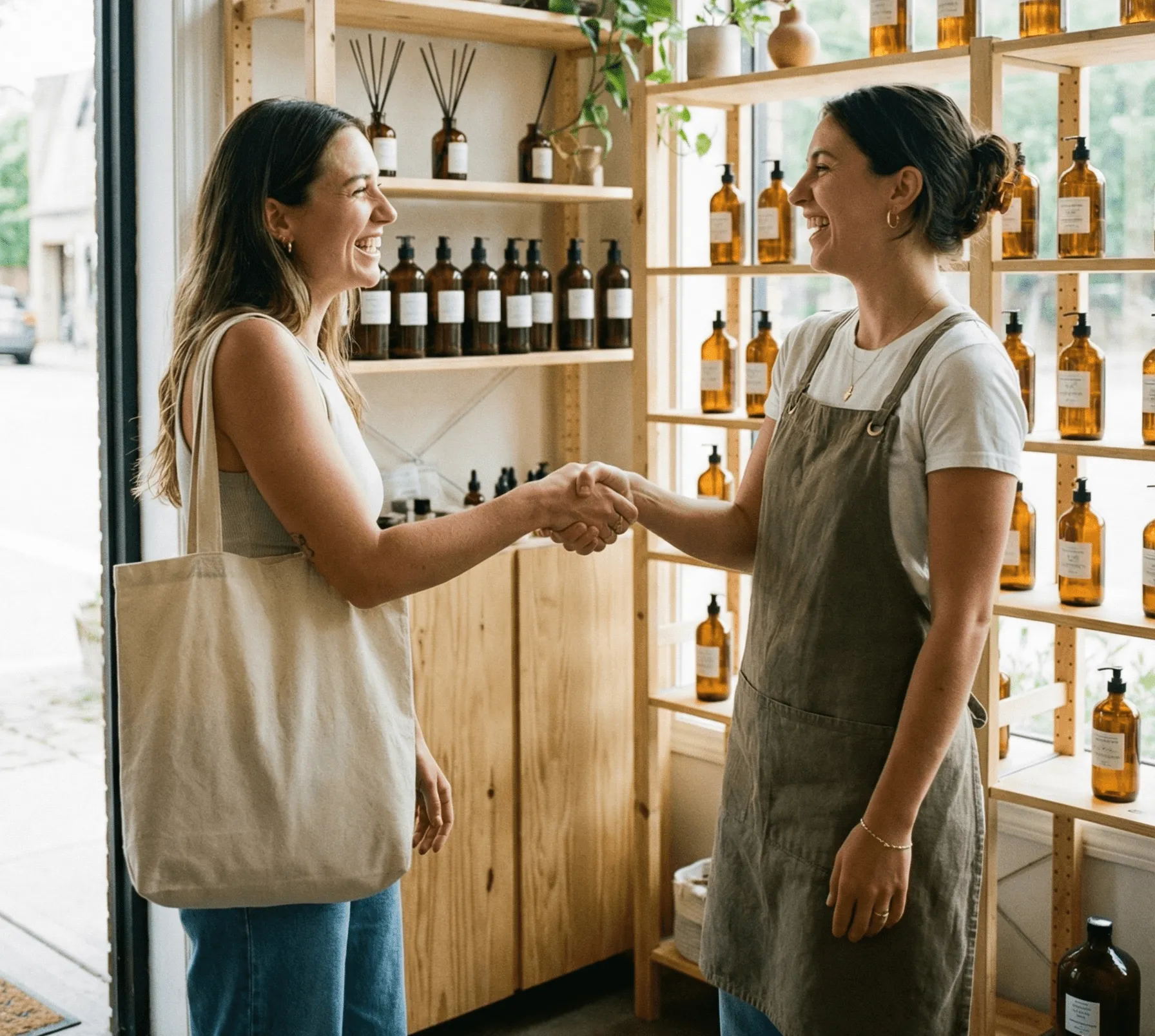 Two women smiling and shaking hands inside a store with shelves of amber glass bottles in the background.