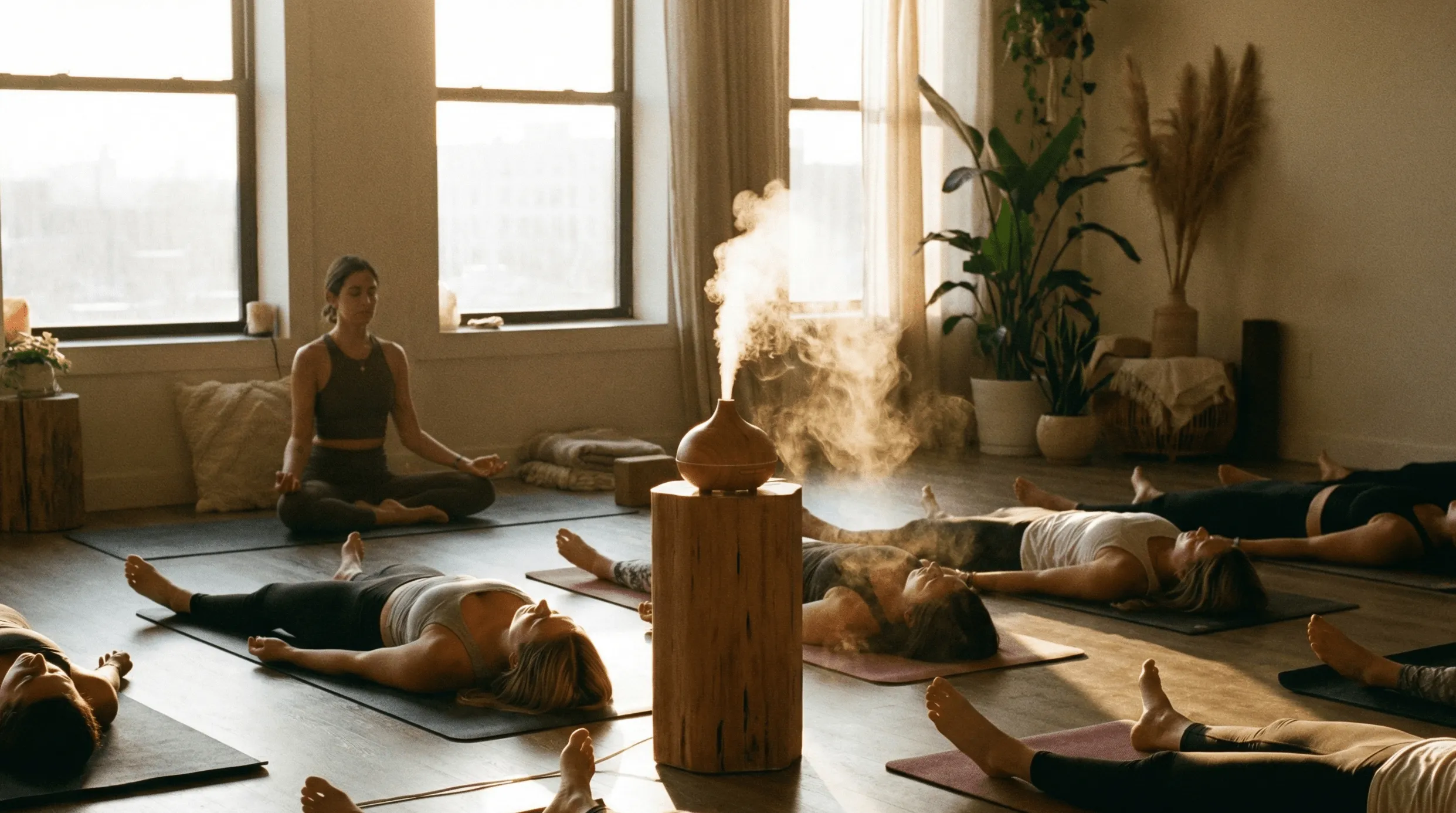 Group meditation session with participants lying on yoga mats and one person seated cross-legged, with an essential oil diffuser emitting vapor in a softly lit room.