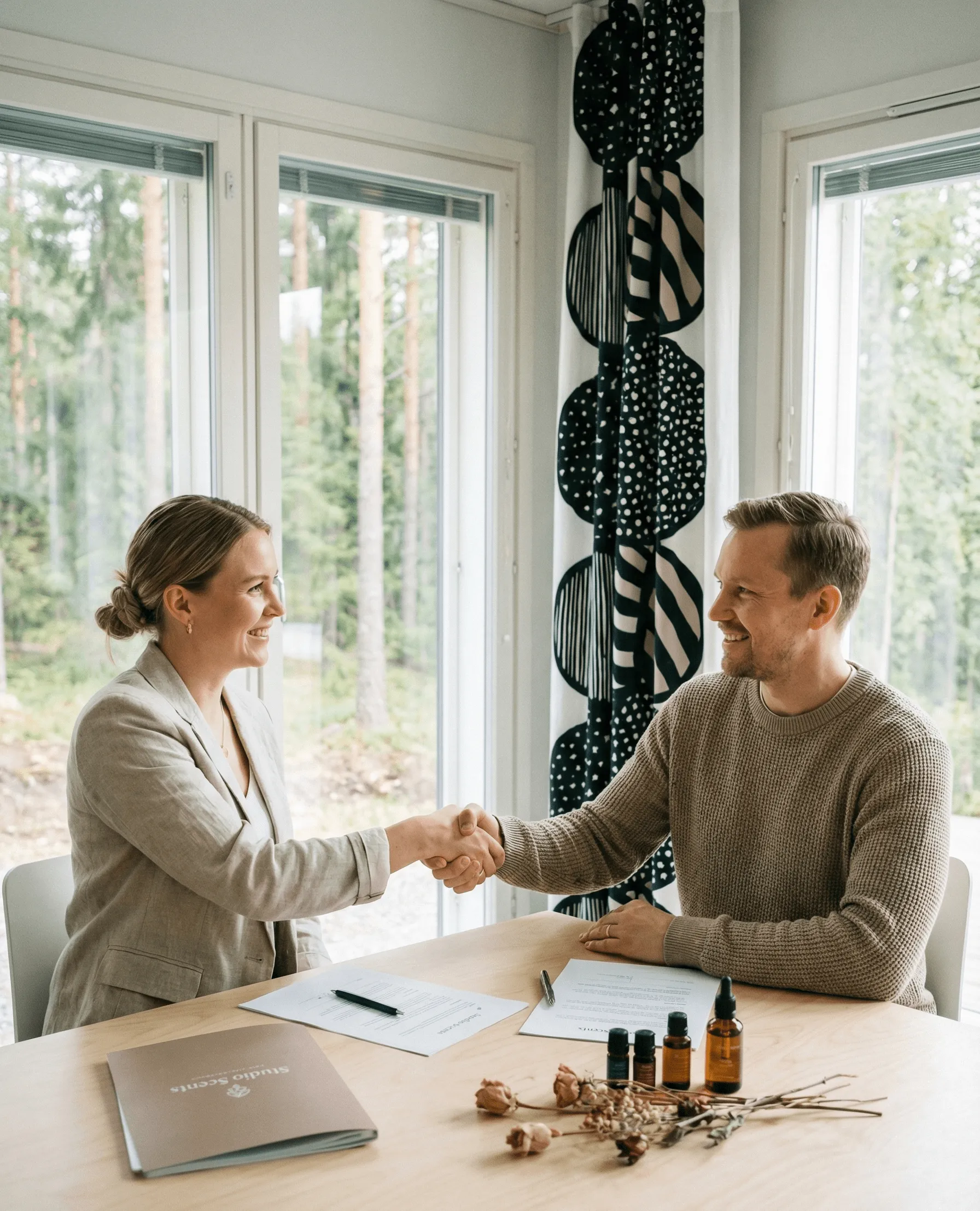 Smiling man and woman shaking hands across a wooden table with documents and small bottles.
