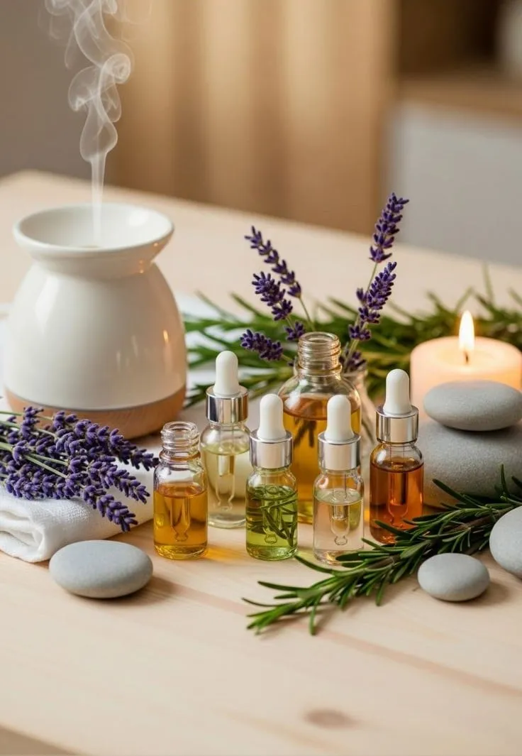 Glass dropper bottles with essential oils surrounded by lavender sprigs, rosemary, a lit candle, smooth stones, and a white ceramic diffuser emitting steam on a wooden surface.