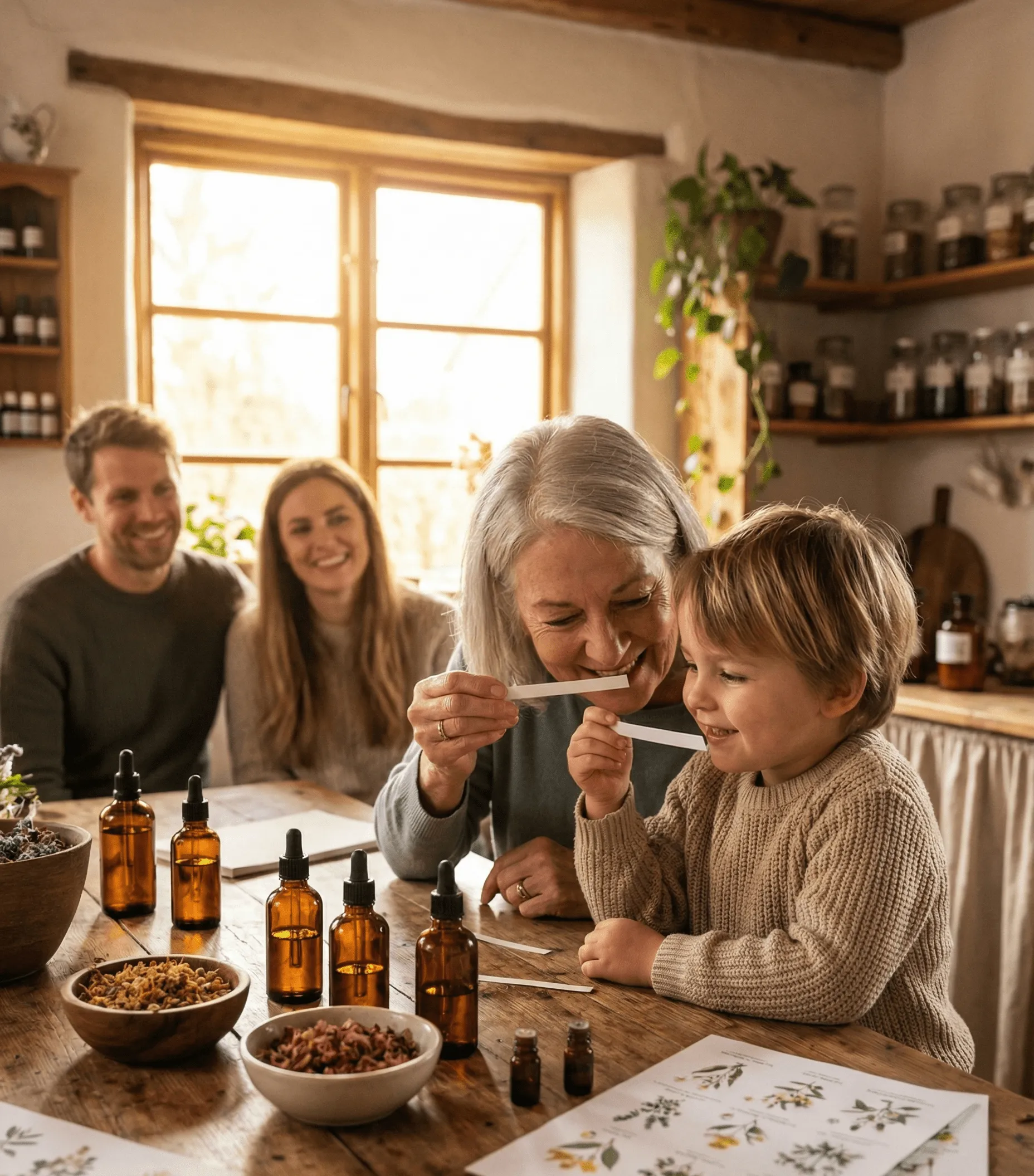 An older woman and a young boy smelling scent strips at a wooden table with amber bottles and dried herbs, while two adults watch and smile in the background.