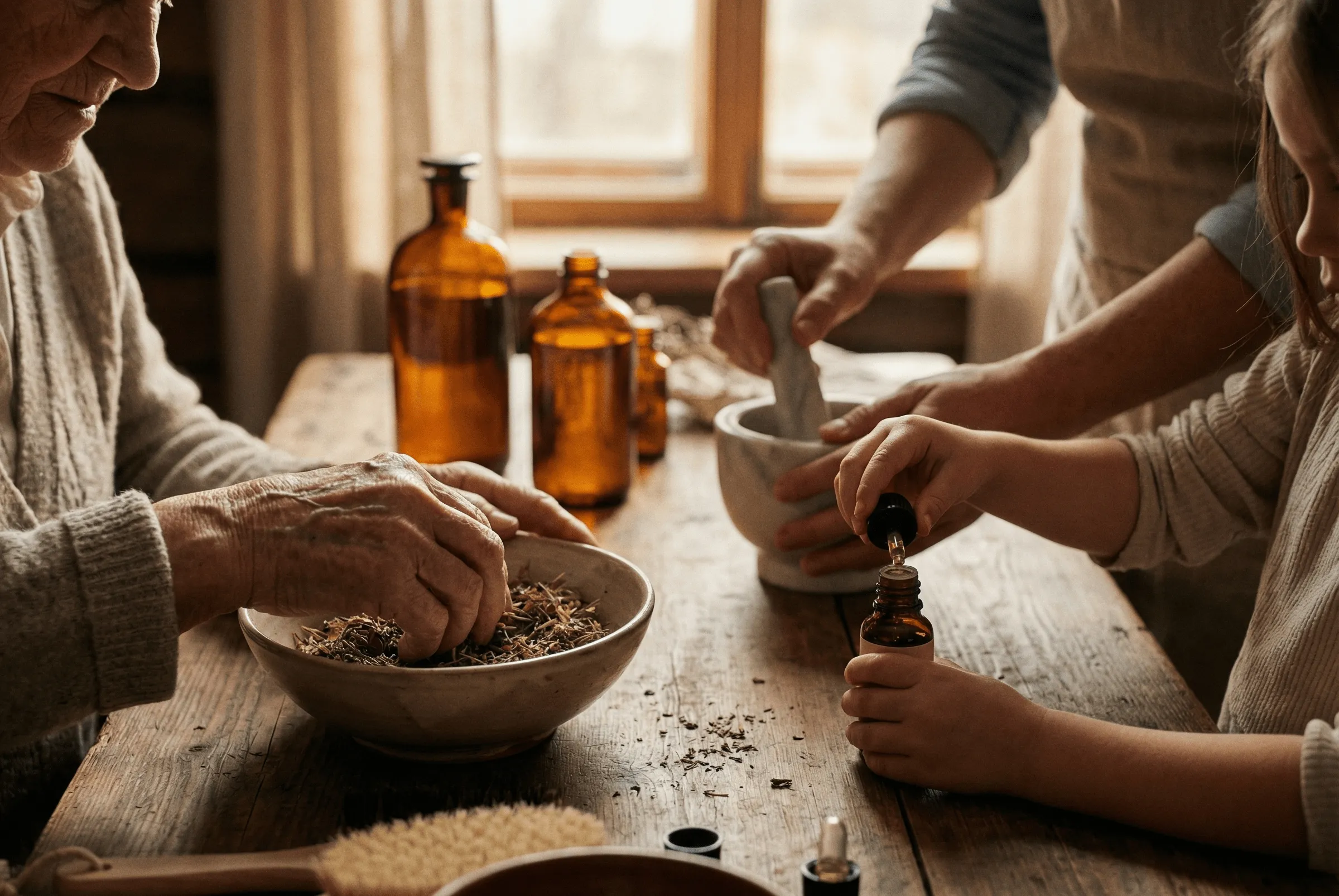 Three generations preparing herbal medicine with dried herbs, dropper bottles, and a mortar and pestle on a wooden table.