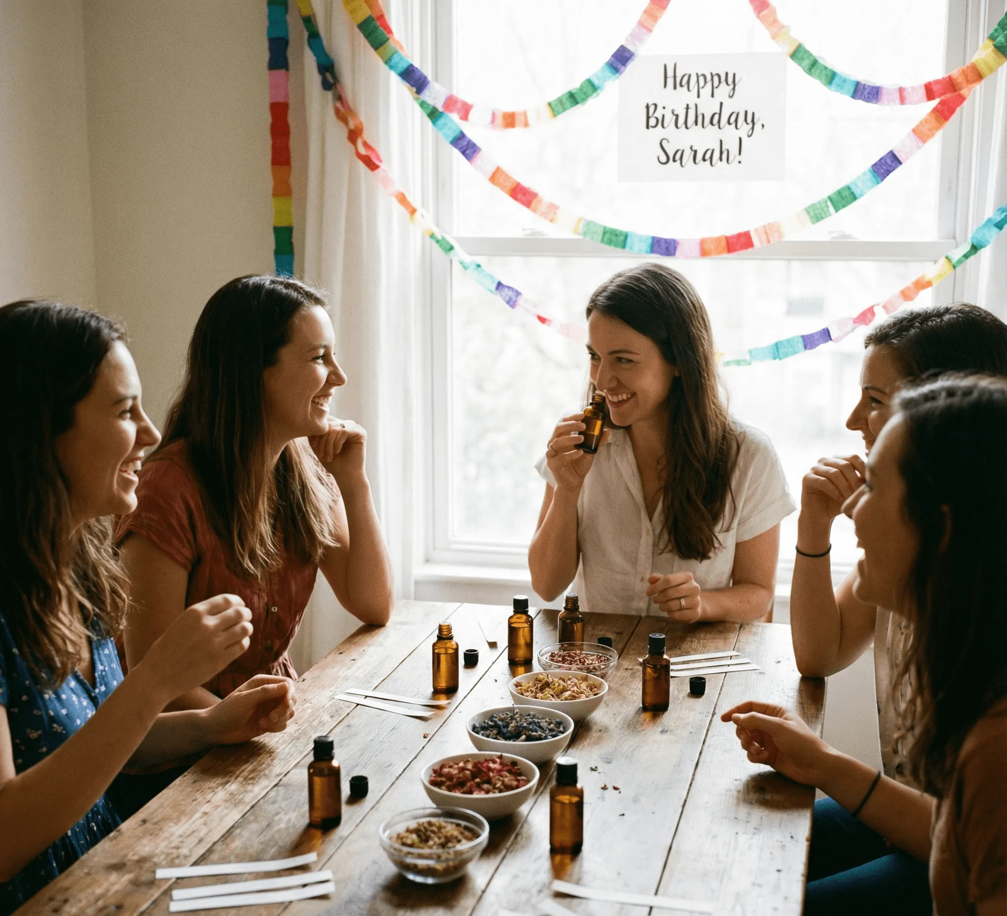 Five women sitting around a wooden table smelling small bottles, with bowls of dried flowers and a 'Happy Birthday, Sarah!' sign and colorful paper garlands in the background.