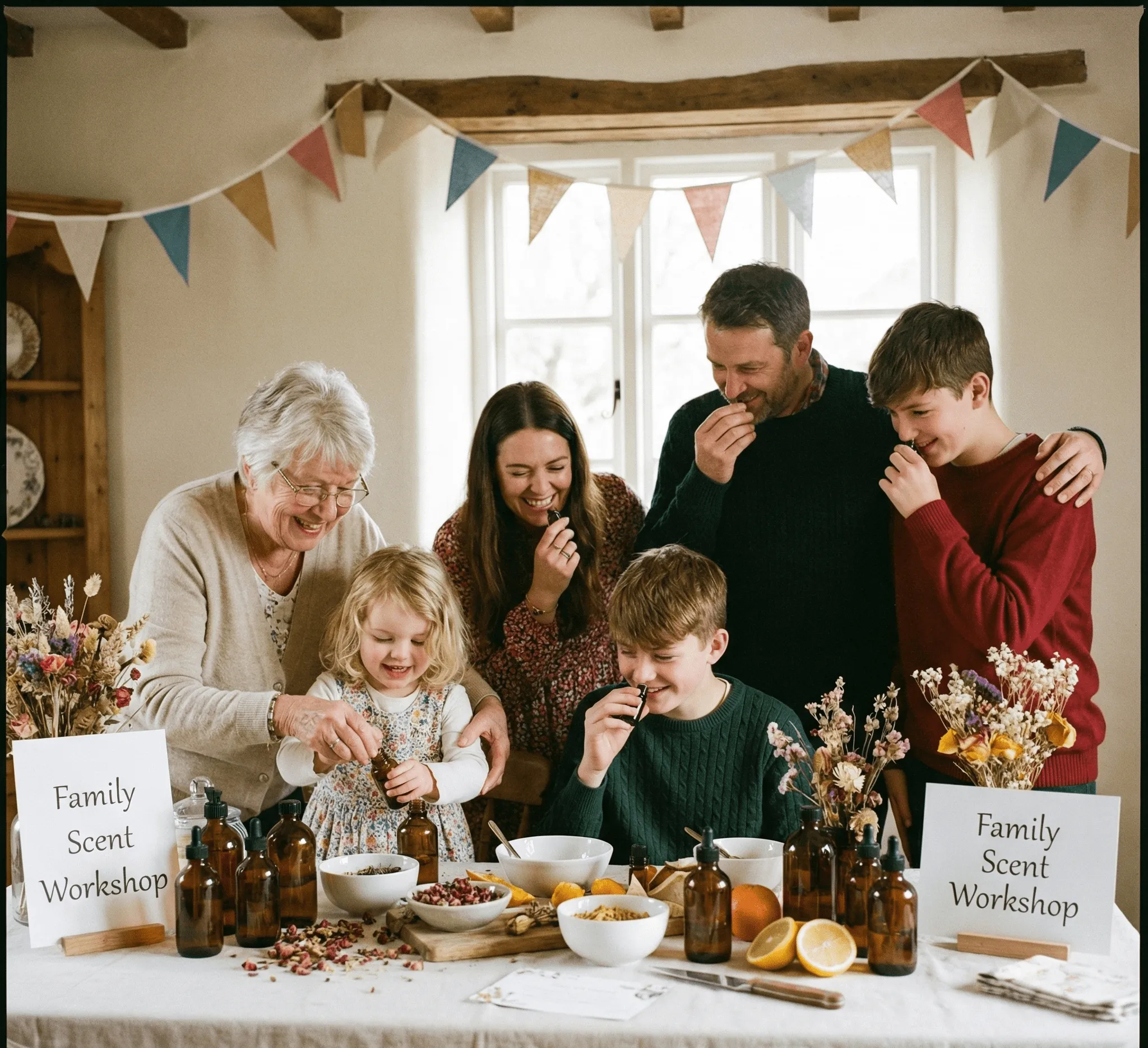 Multi-generational family smiling and smelling essential oils at a table with dried flowers and oranges during a Family Scent Workshop.