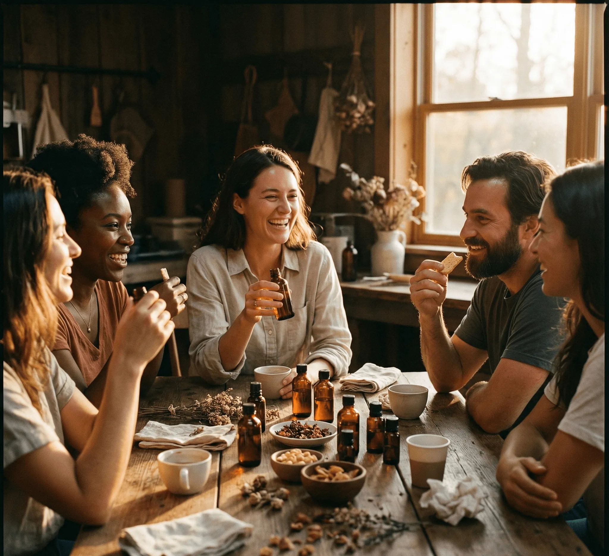 Five friends laughing and enjoying snacks and drinks around a wooden table in a cozy, sunlit room.