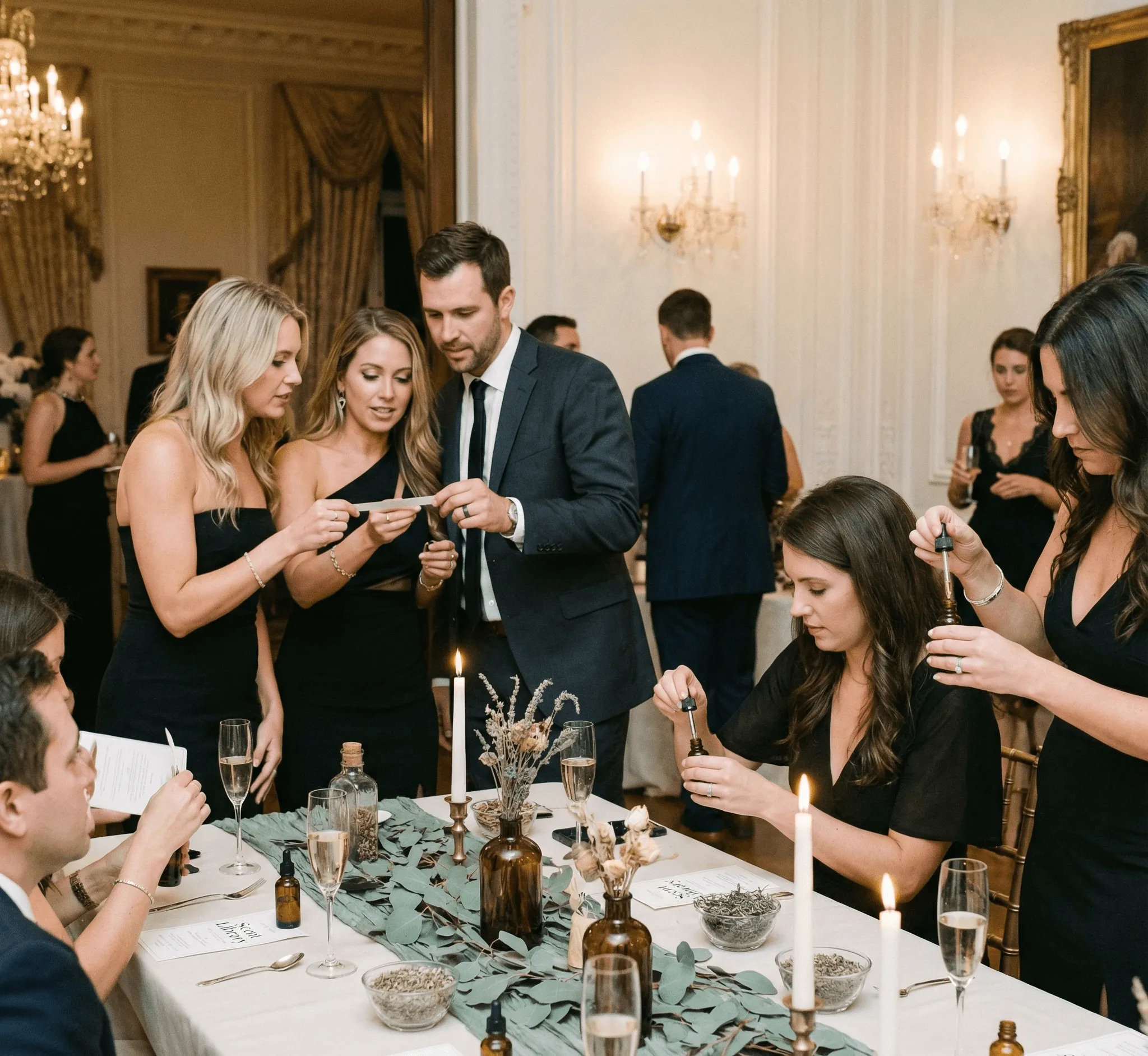 Group of well-dressed people gathered around a decorated table with candles and dried flowers, interacting and examining small bottles with droppers.