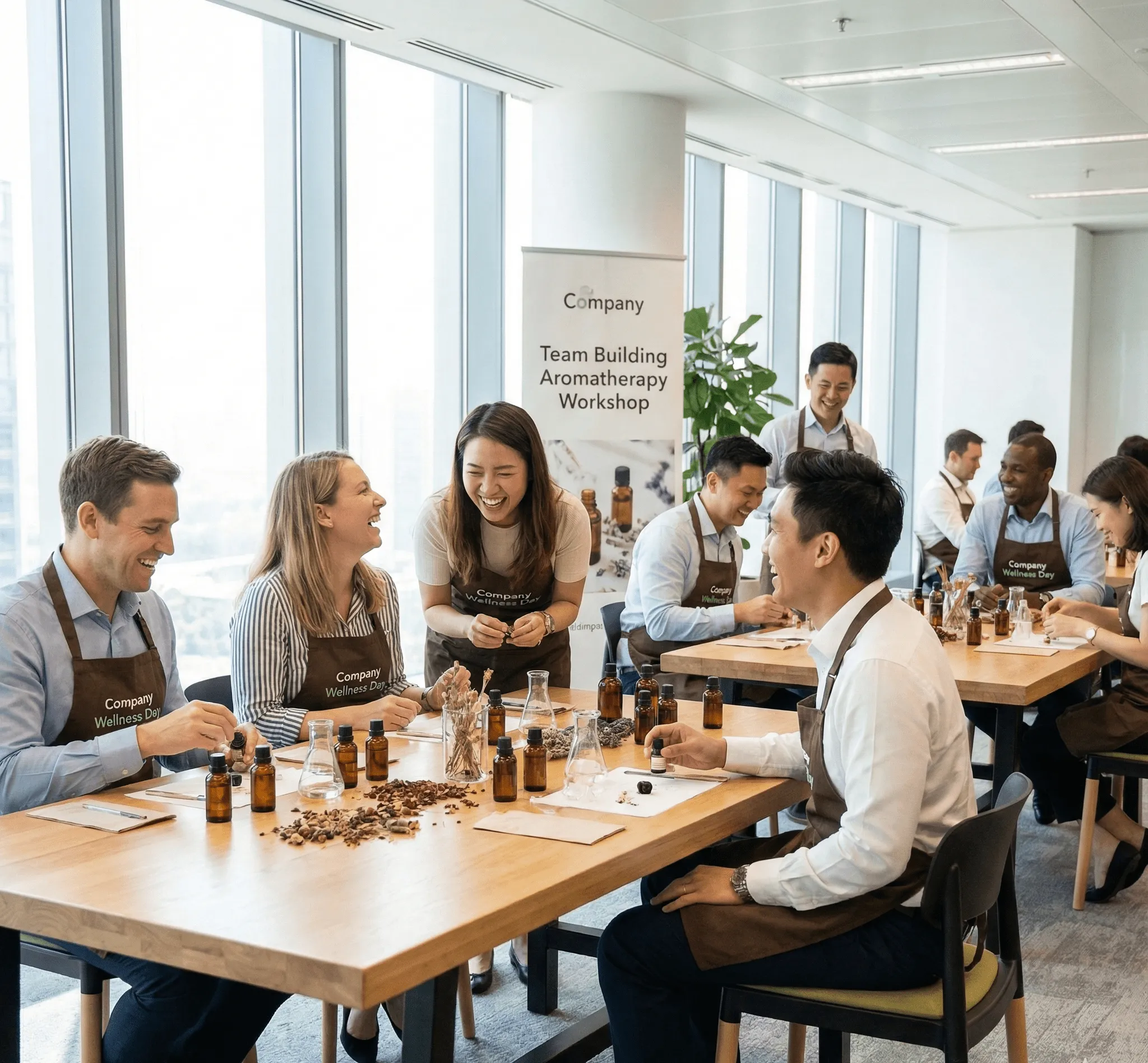 A group of diverse professionals wearing aprons laughing and working with small bottles and natural ingredients during a team-building aromatherapy workshop in a bright office.