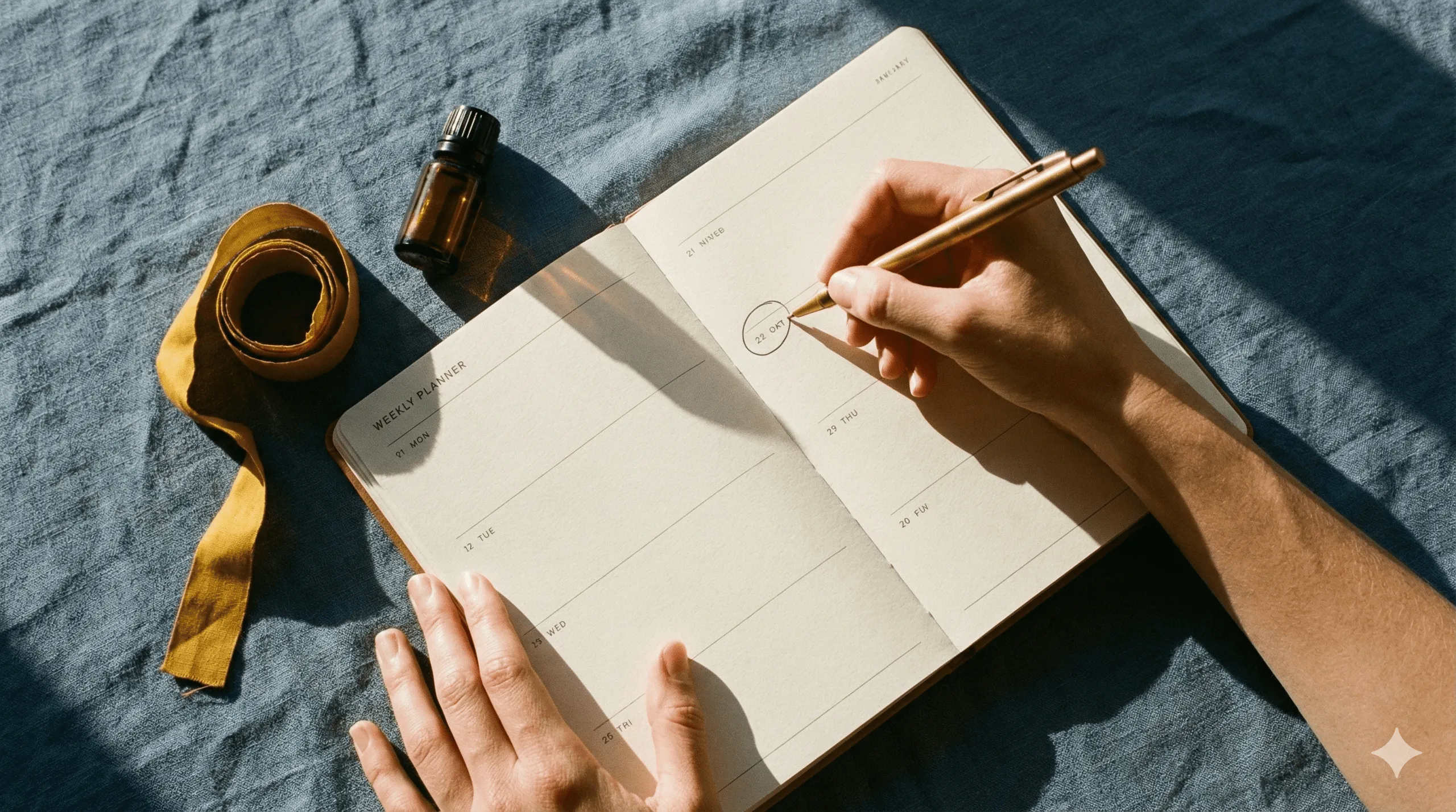 Person circling October 22 in a weekly planner with a gold pen on a blue fabric surface with a rolled yellow ribbon and small brown bottle nearby.