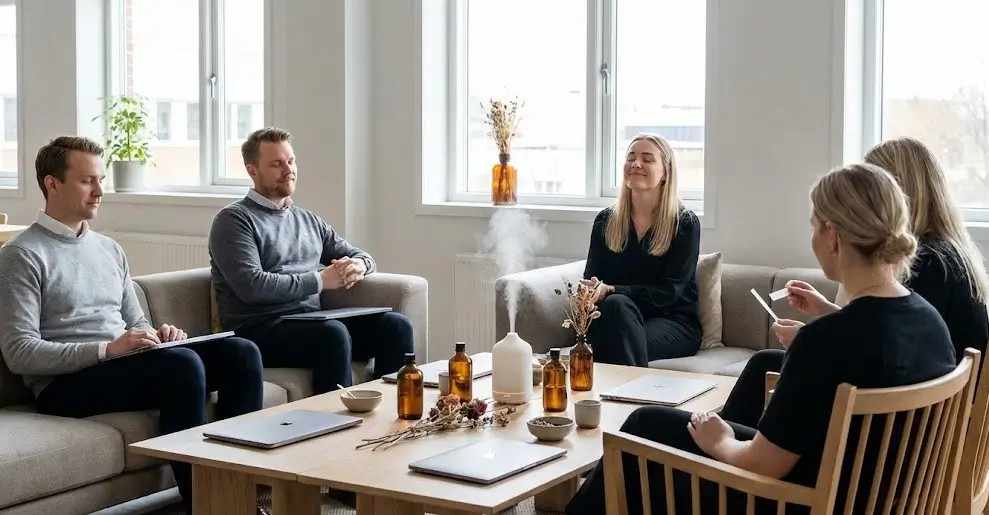 Five adults sitting in a bright living room, engaged in a calm group meditation or relaxation session around a wooden table with laptops, brown bottles, and a diffuser emitting vapor.
