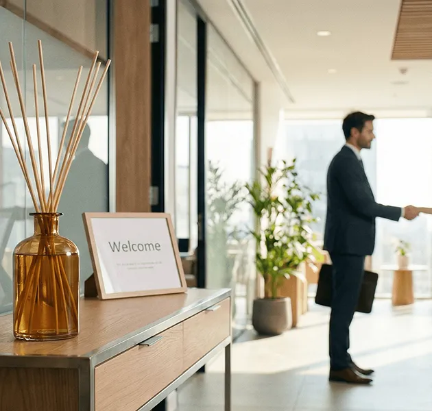 Wooden table with a brown diffuser and a framed 'Welcome' sign, with a man in a suit shaking hands in a modern office background.