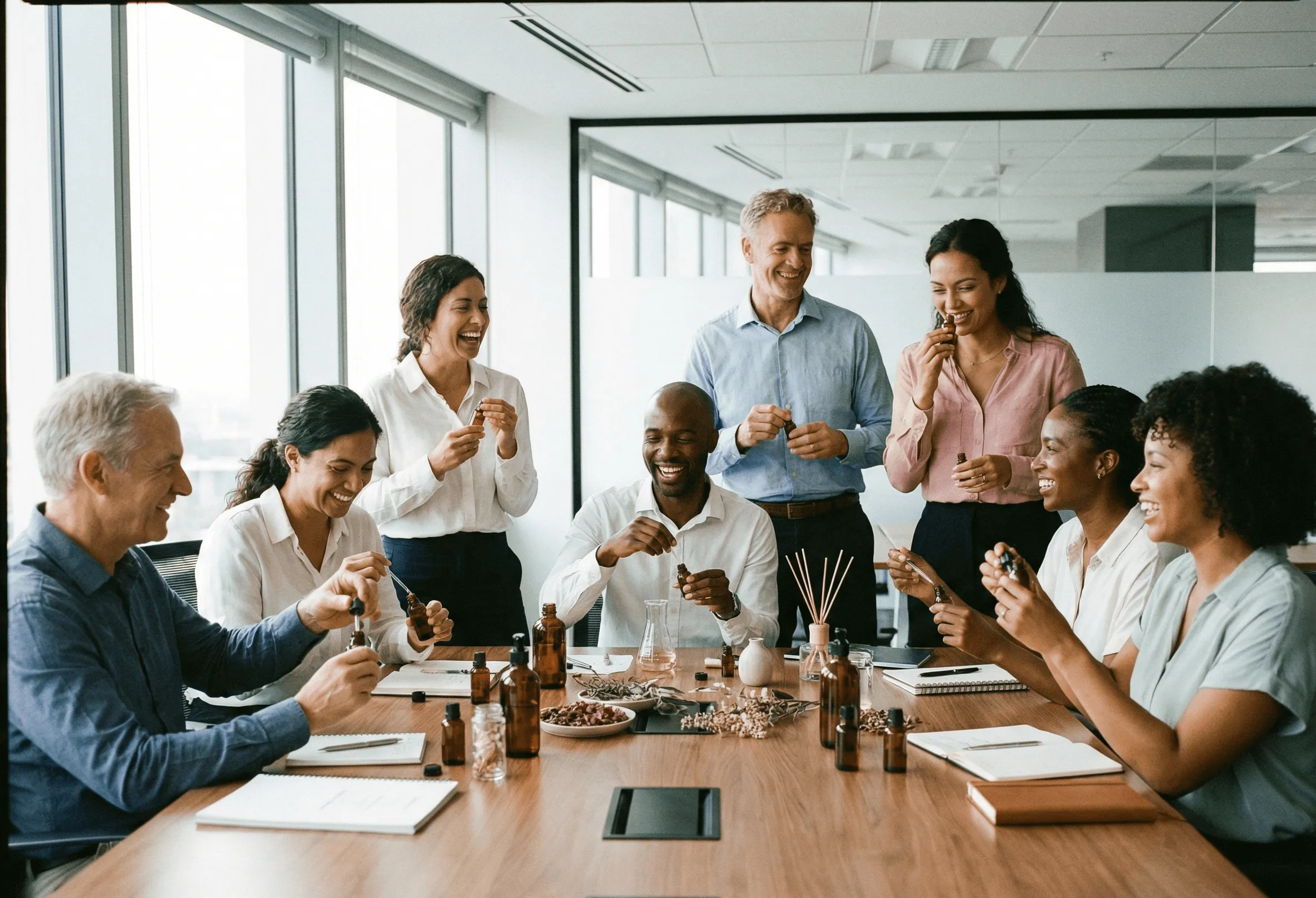 A diverse group of eight people smiling and smelling essential oils around a conference table in a bright office.