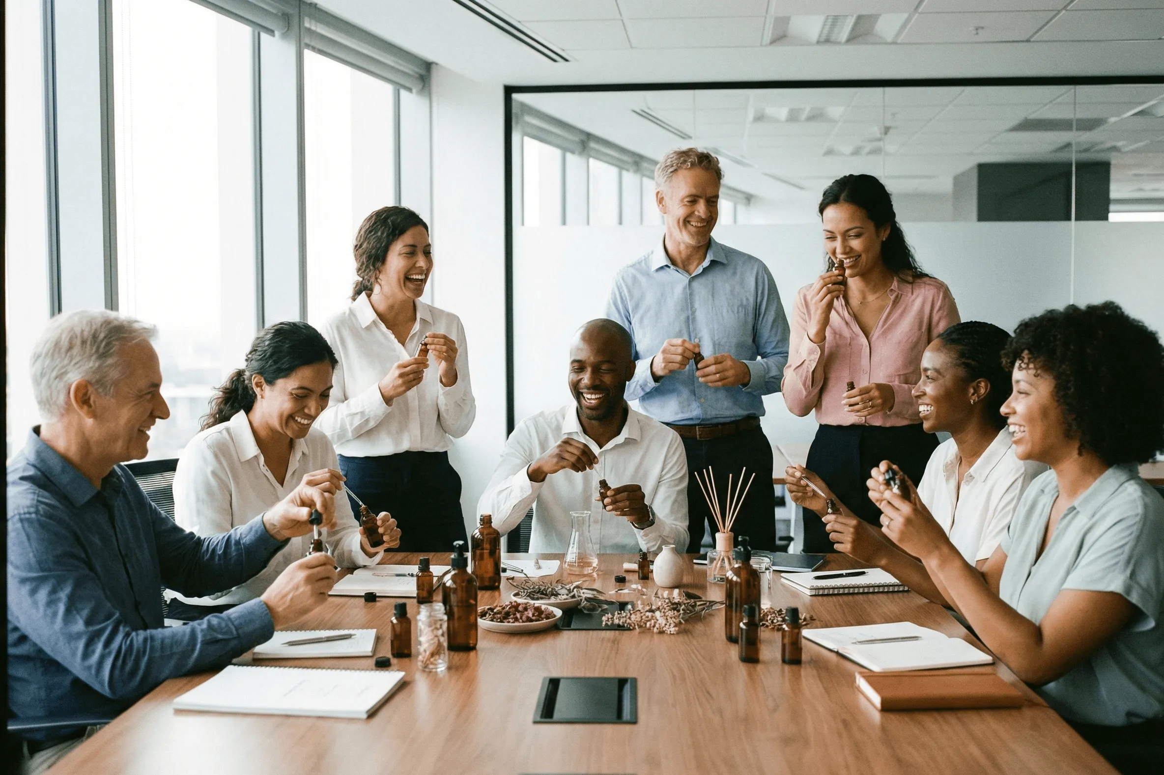 A diverse group of eight coworkers smiling and interacting while testing essential oils around a conference table in a bright office.
