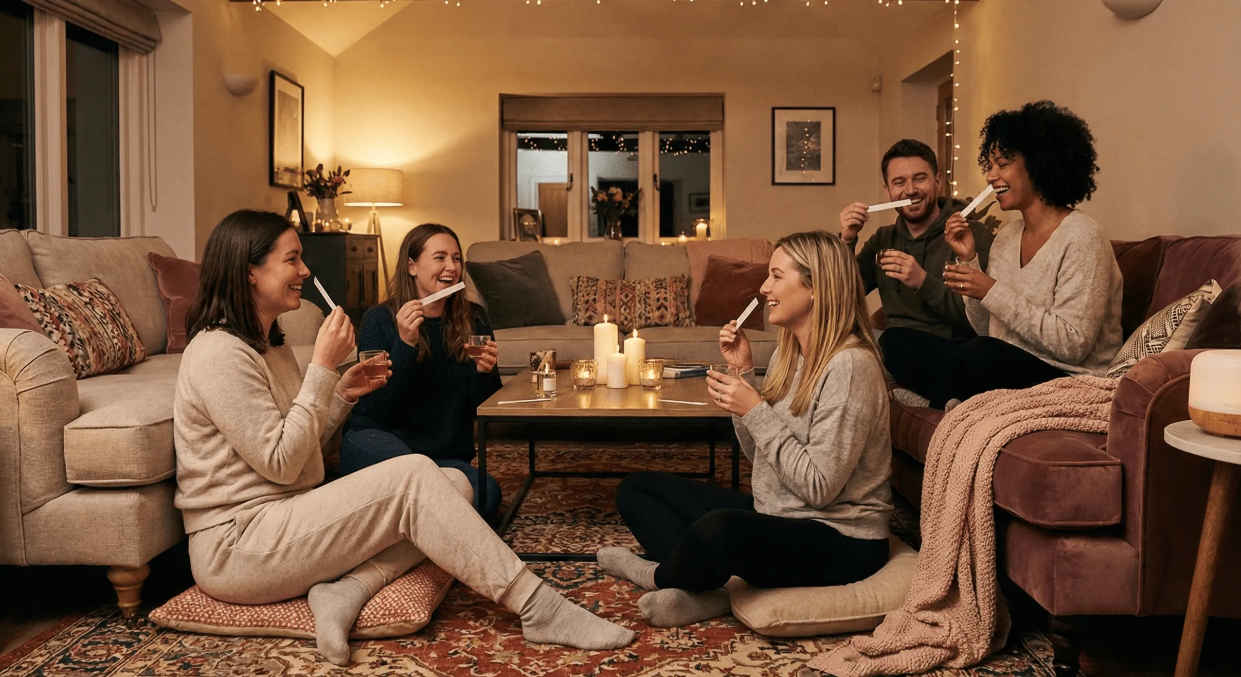 Five friends sitting in a cozy living room, smiling and holding scent testing strips and glasses of drink around a coffee table with lit candles.
