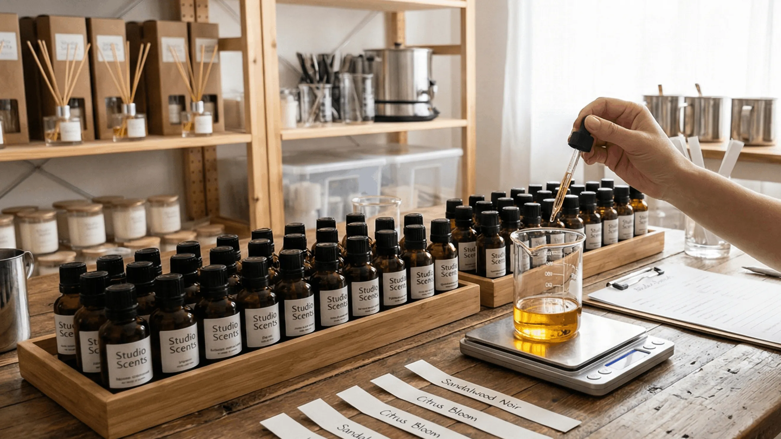 Person using a dropper to add liquid into a beaker on a digital scale surrounded by rows of labeled amber bottles and fragrance testing strips.