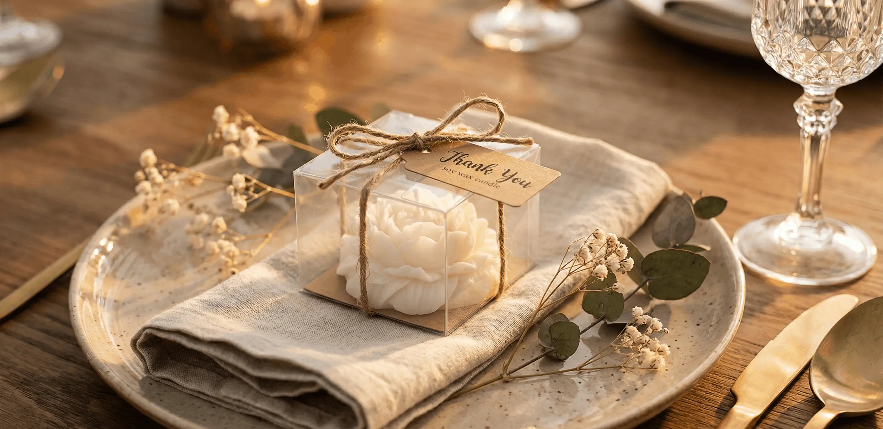 Table setting with a beige linen napkin on a speckled plate, decorated with dried flowers and a clear box containing a white flower-shaped soy wax candle tied with twine and a thank you tag.