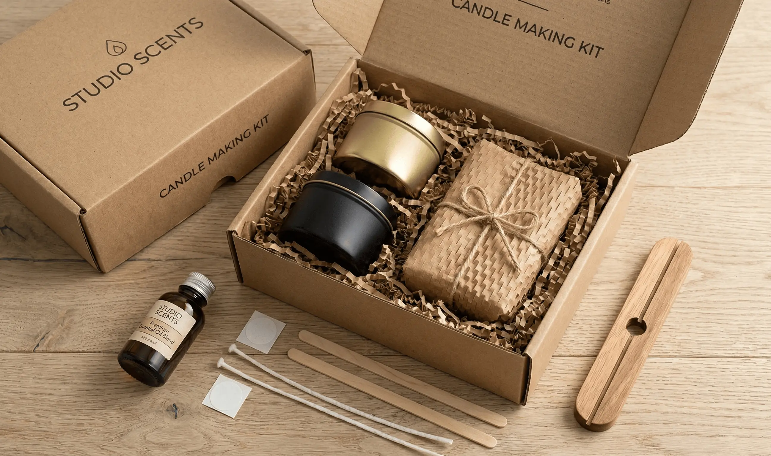 Candle making kit with two metal tins, wrapped wax, essential oil bottle, wicks, wick stickers, wooden sticks, and a wick holder on a wooden surface.