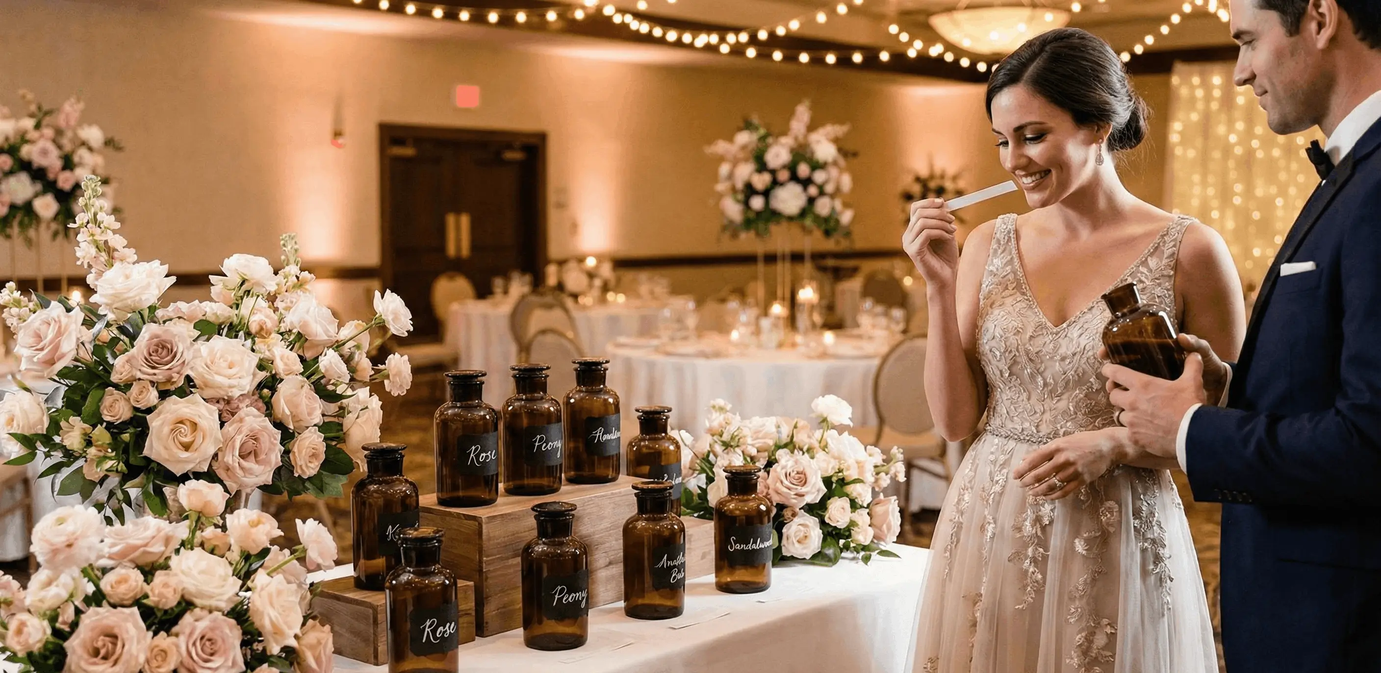 Bride and groom sampling scents from amber bottles on a gift table decorated with pale pink and white roses at a wedding reception.