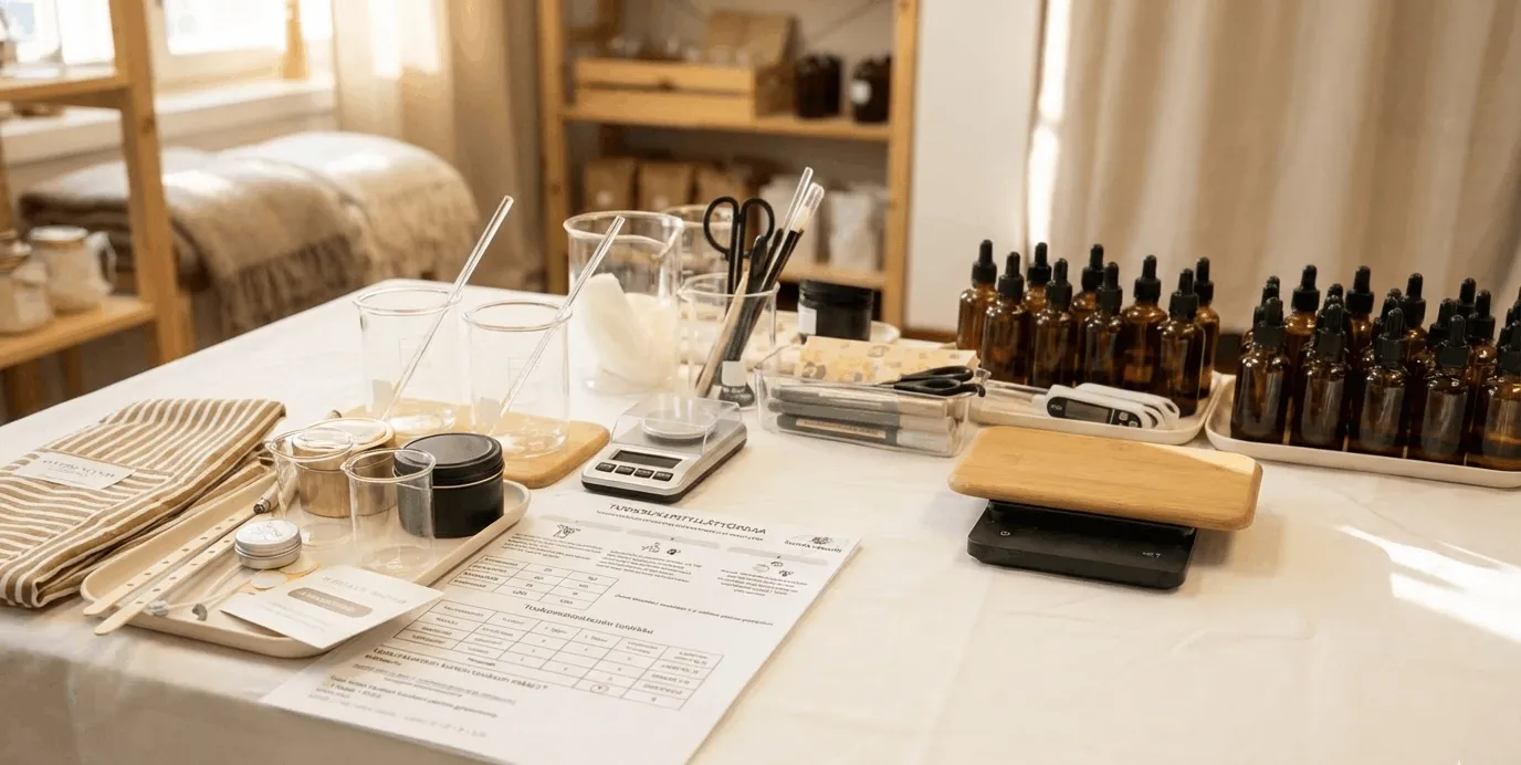 Table with candle-making supplies including amber glass dropper bottles, measuring utensils, digital scales, and mixing containers in a cozy room.