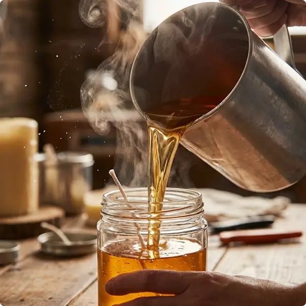 Hot liquid being poured from a metal container into a glass jar with steam rising.