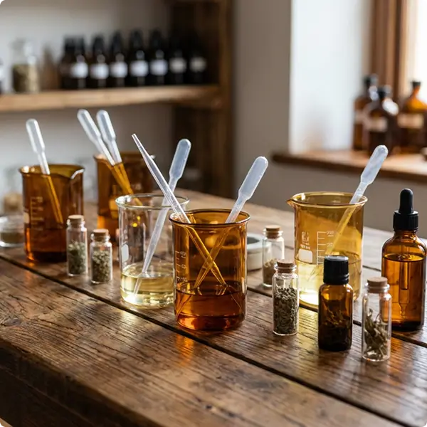 Amber and clear glass beakers with pipettes and small glass jars containing herbs arranged on a wooden table in a natural light room.