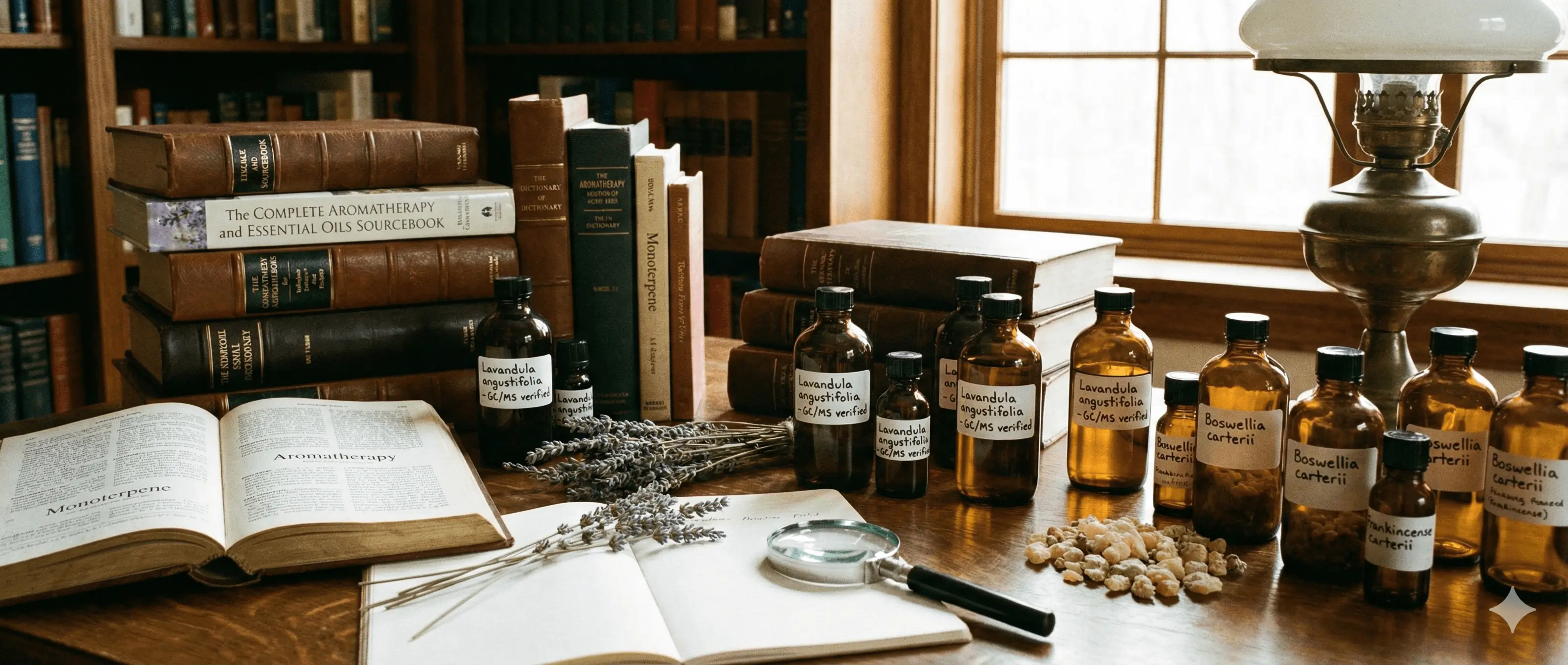 Wooden desk with old books, essential oil bottles labeled Lavandula angustifolia and Boswellia carterii, dried lavender, magnifying glass, and a vintage lamp by a window.