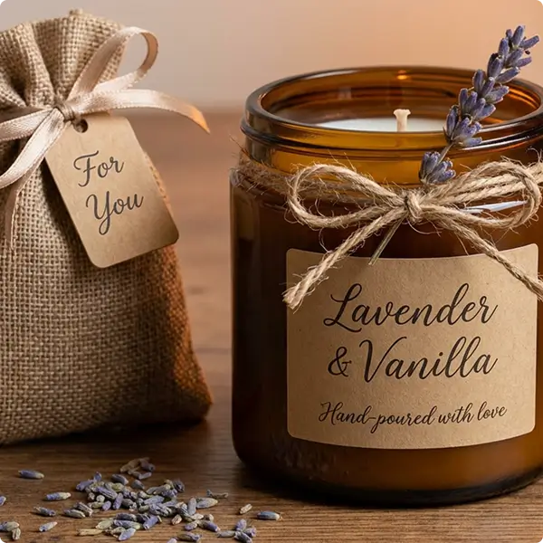 Brown glass jar candle labeled 'Lavender & Vanilla, Hand-poured with love' with a tied twine bow and lavender sprig, next to a burlap gift bag with 'For You' tag on a wooden surface.