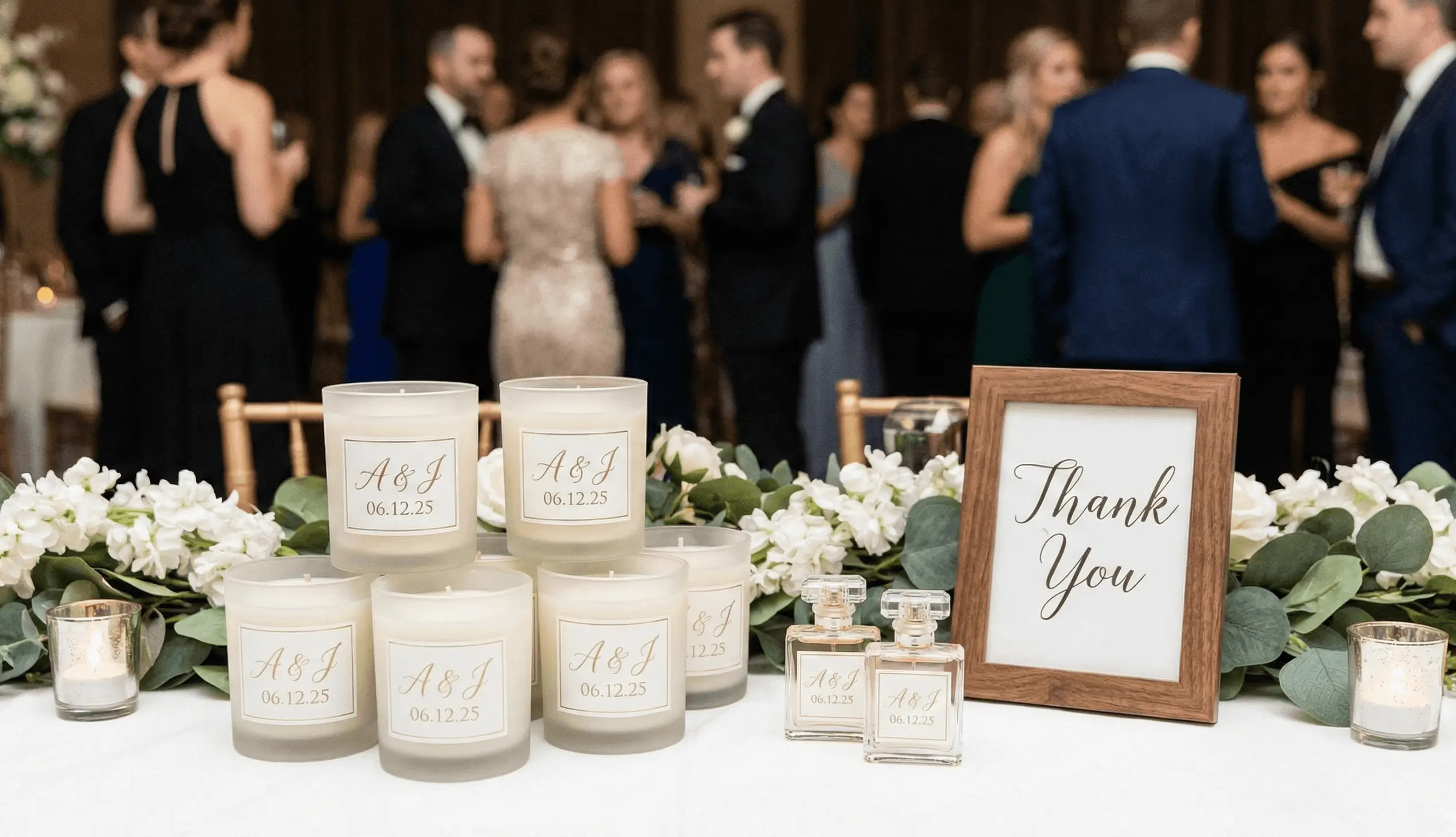 Wedding reception table with white candles labeled A & J 06.12.25, two perfume bottles, a wooden framed 'Thank You' sign, and white floral decorations, with guests mingling in the background.