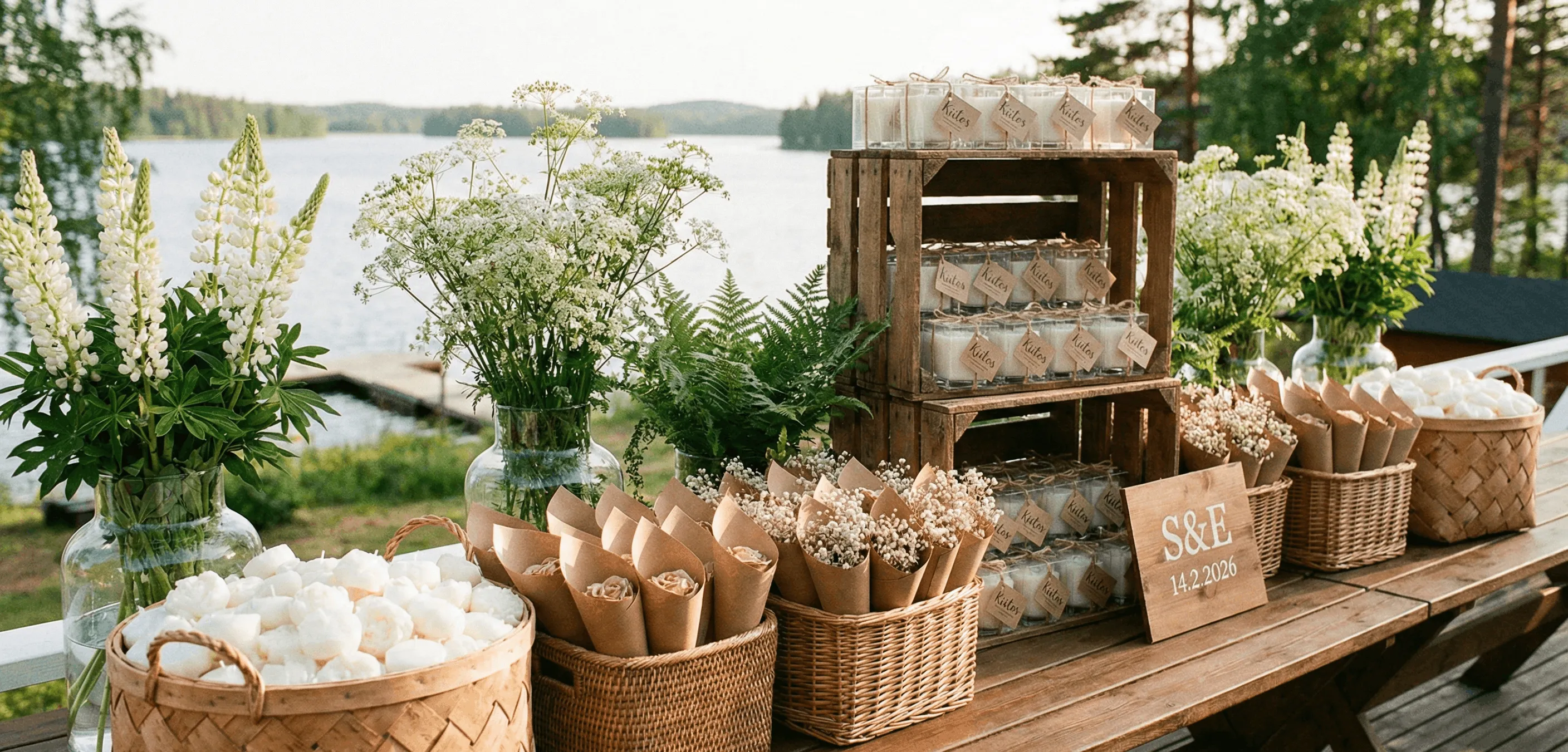 Rustic outdoor wedding table with flowers, baskets of petals, wooden crate display of candles labeled 'Kiitos', and a wooden sign reading 'S&E 14.2.2026' by a lakeside.