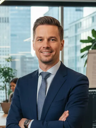 Smiling man in a navy suit, light blue shirt, and patterned tie, standing with arms crossed in an office with large windows.