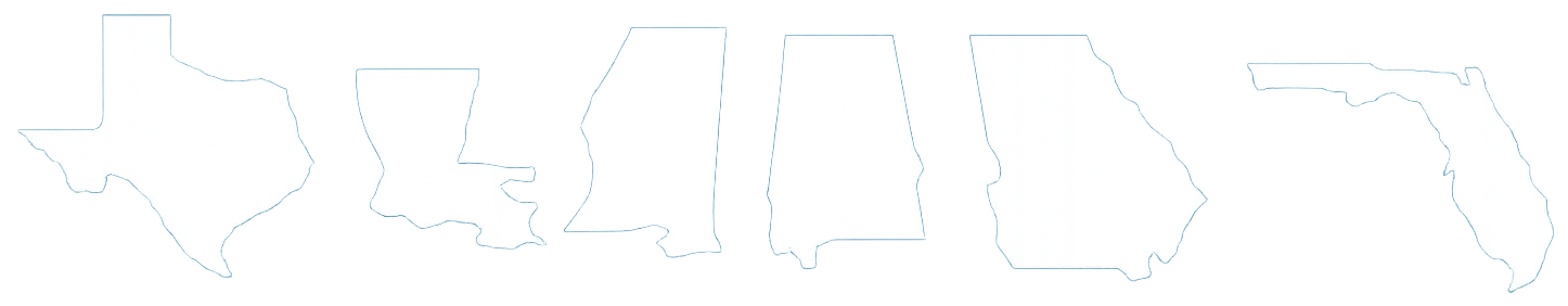 White silhouette outlines of the U.S. states of Texas, Louisiana, Alabama, Mississippi, Georgia, and Florida from left to right on a black background.
