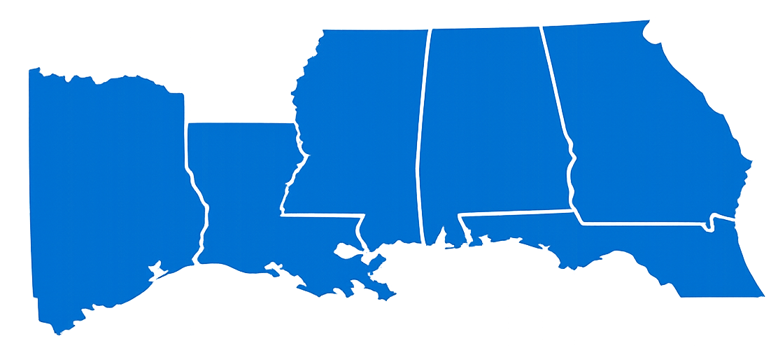 Map highlighting the U.S. states of Texas, Louisiana, Mississippi, Alabama, and Georgia in blue.