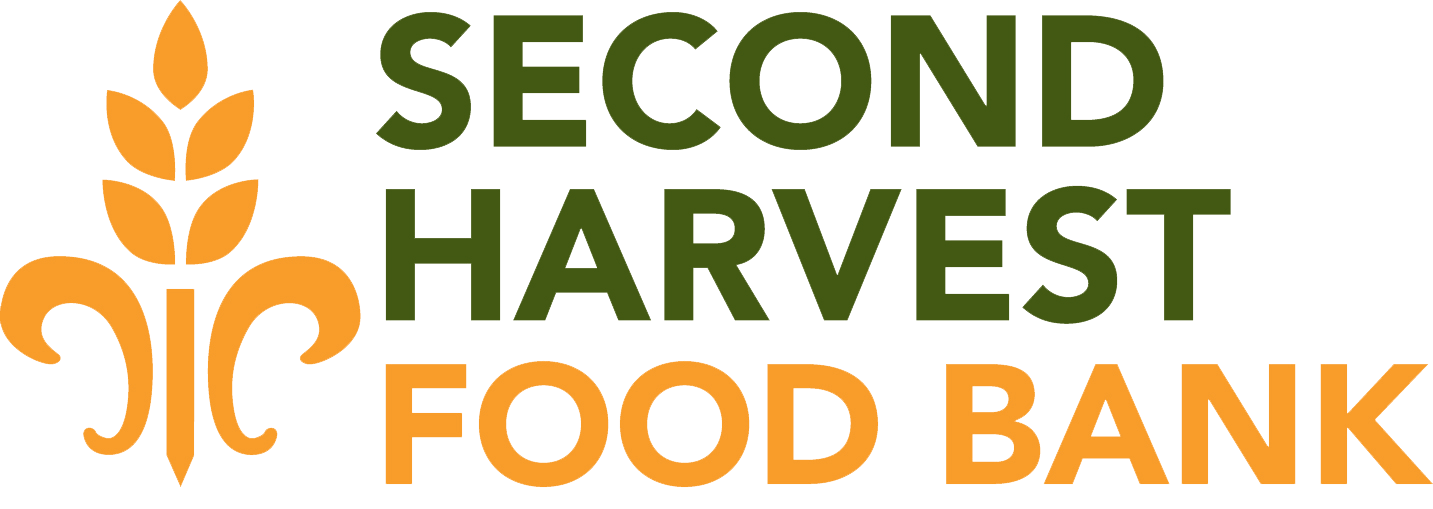 Logo of Second Harvest Food Bank with stylized orange wheat and green and orange text.