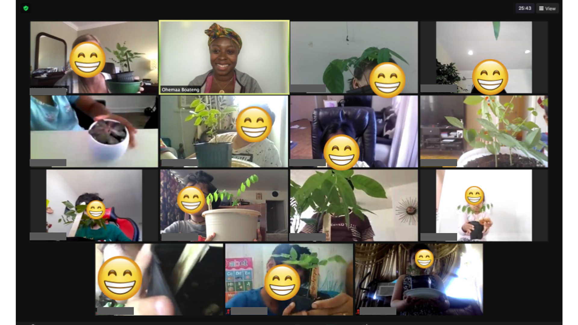 Screen with students holding their tree seedlings, and Farmer Ohemaa