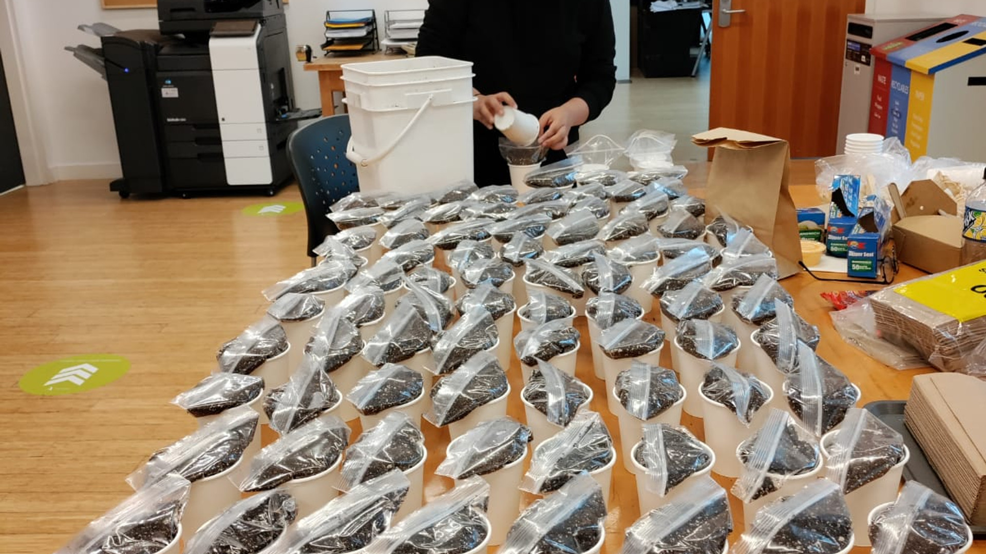 Long table full of cups and soil kits for student program